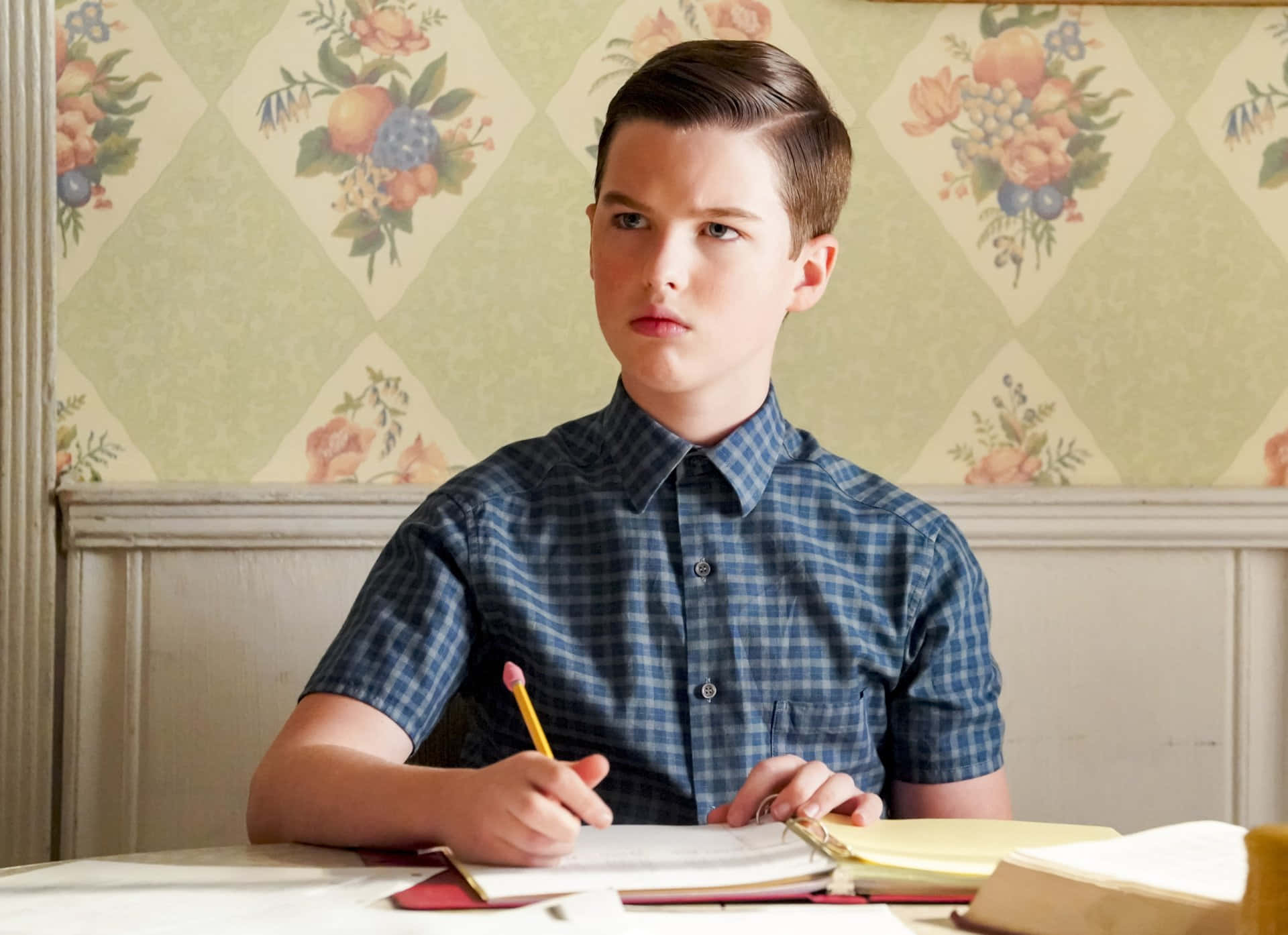 Young Sheldon, blue checkered shirt, desk, Full HD Desktop Wallpaper