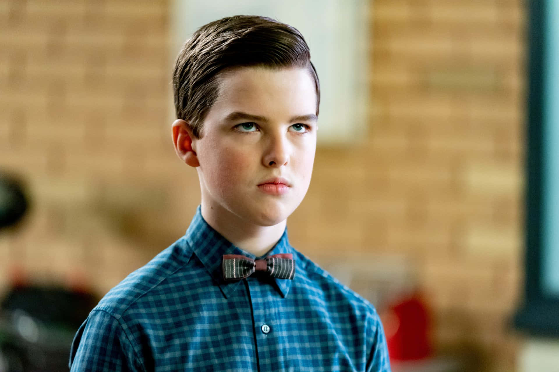 Young Sheldon, blue plaid shirt, striped bow tie, Full HD Desktop Wallpaper