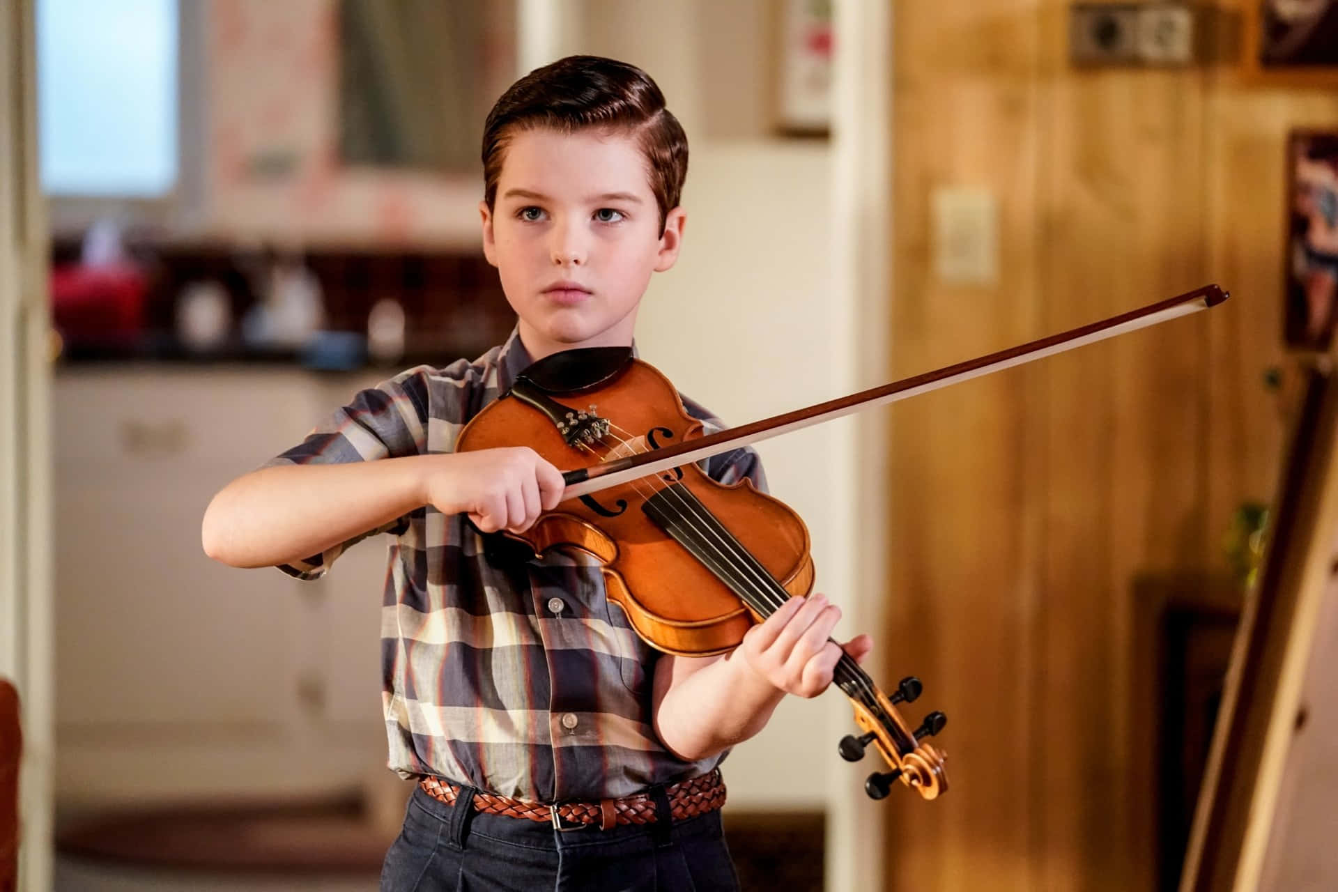 Young Sheldon, violin, plaid shirt, Full HD Desktop Wallpaper