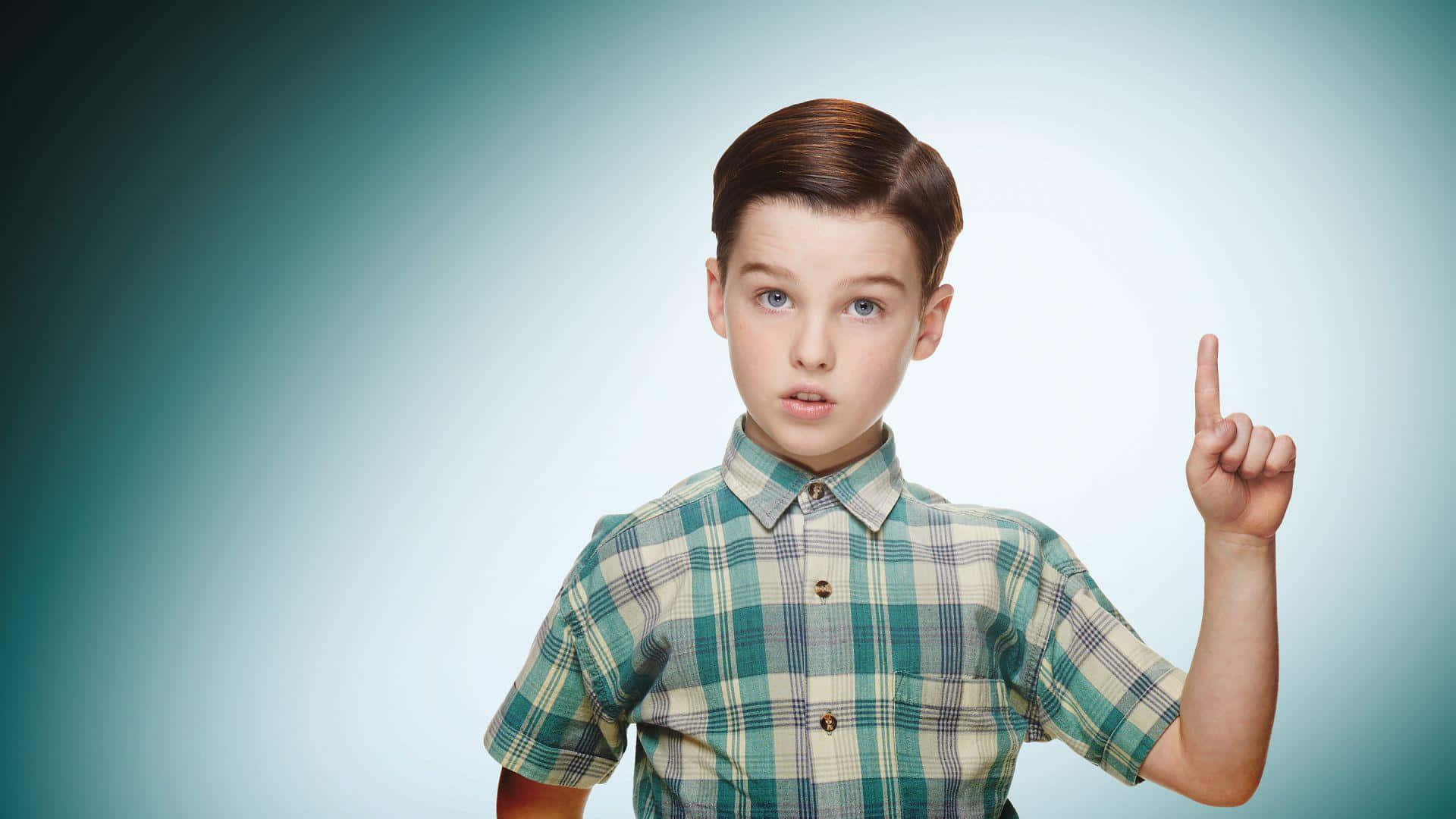 Young Sheldon, green plaid shirt, teal gradient background, Full HD Desktop Wallpaper