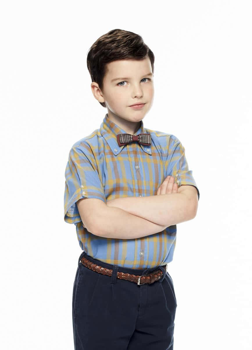 Young Sheldon, blue yellow plaid shirt, bow tie, SD Phone Wallpaper
