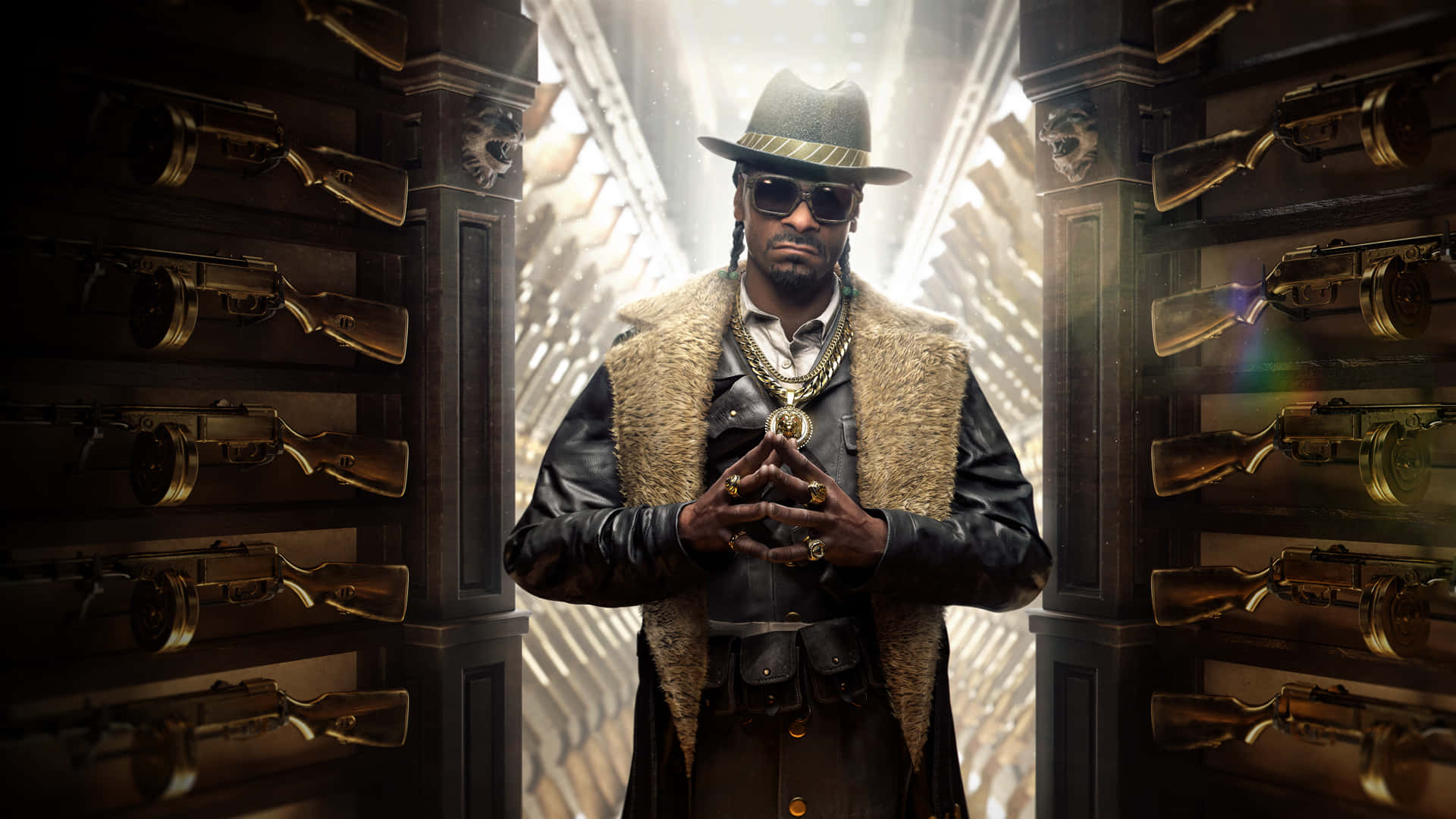fedora, sunglasses, golden firearms, Full HD Desktop Wallpaper