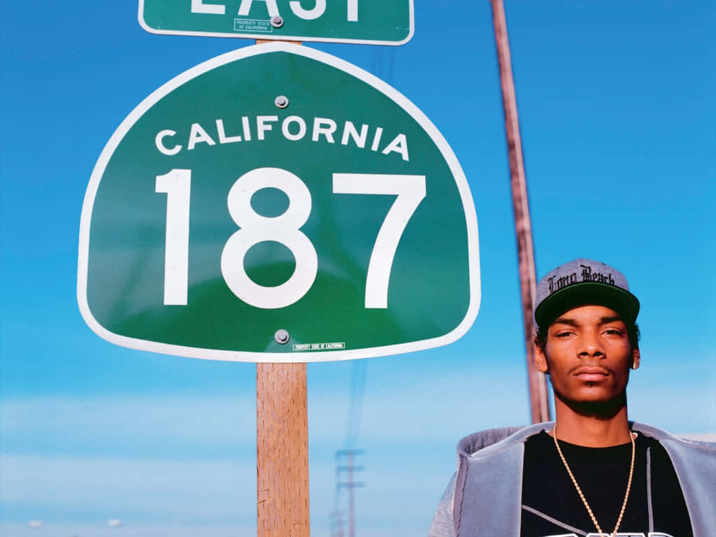 Young Snoop Dogg, green California Highway 187 sign, clear blue sky, SD Desktop Wallpaper