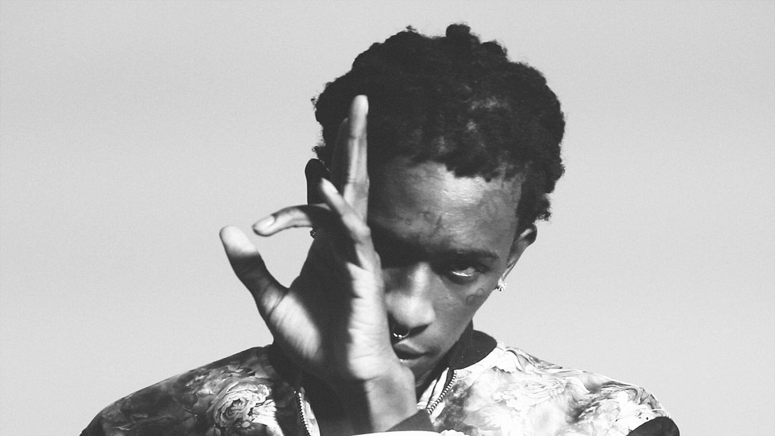 Young Thug, black and white portrait, textured hair, 2K Desktop Wallpaper
