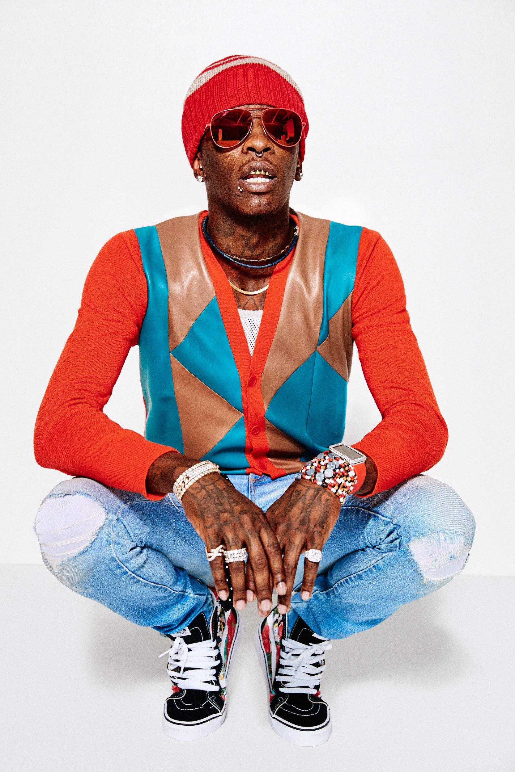 Young Thug, red sunglasses, bold geometric vest, Full HD Phone Wallpaper