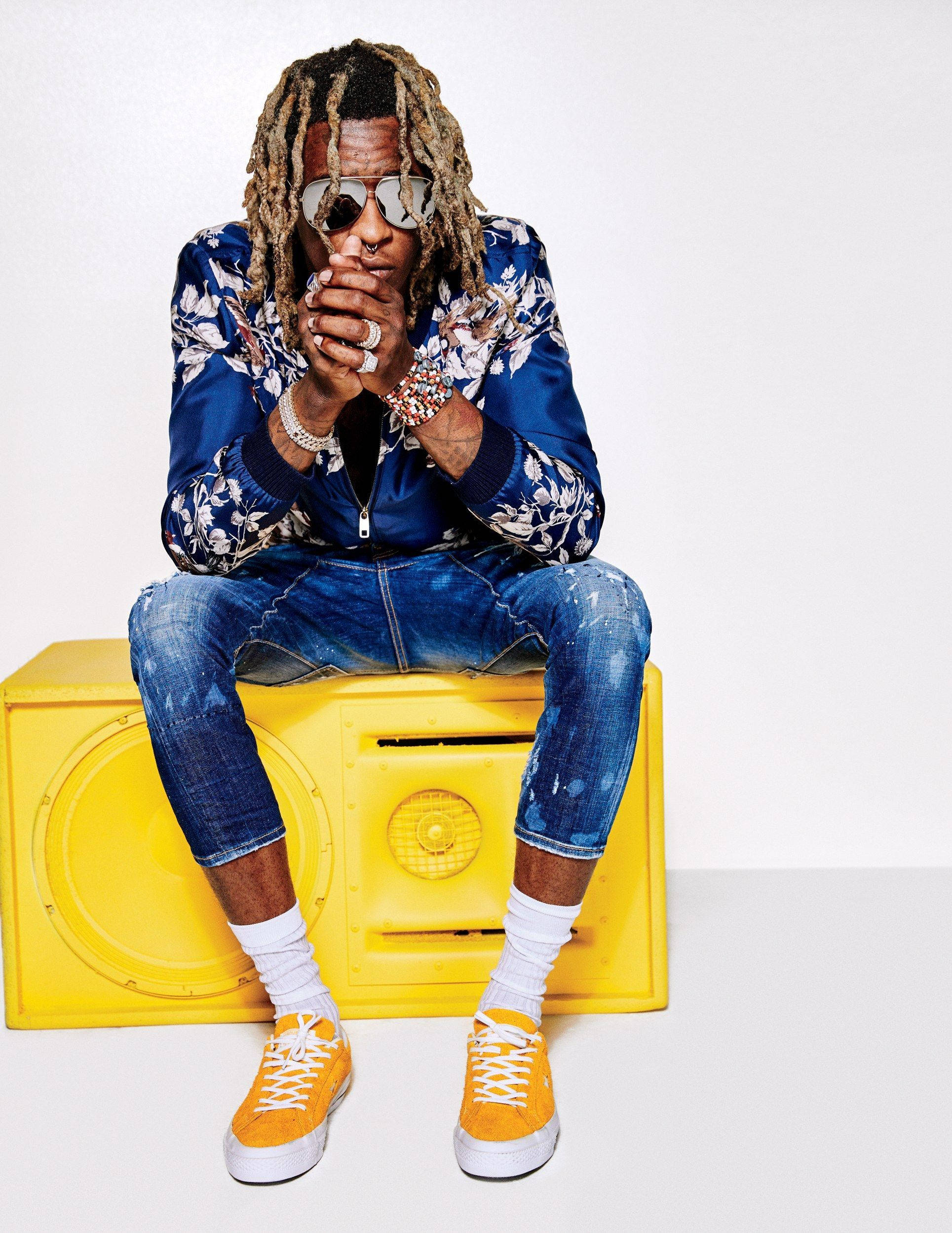 Young Thug, blue floral jacket, orange sneakers, Full HD Phone Wallpaper