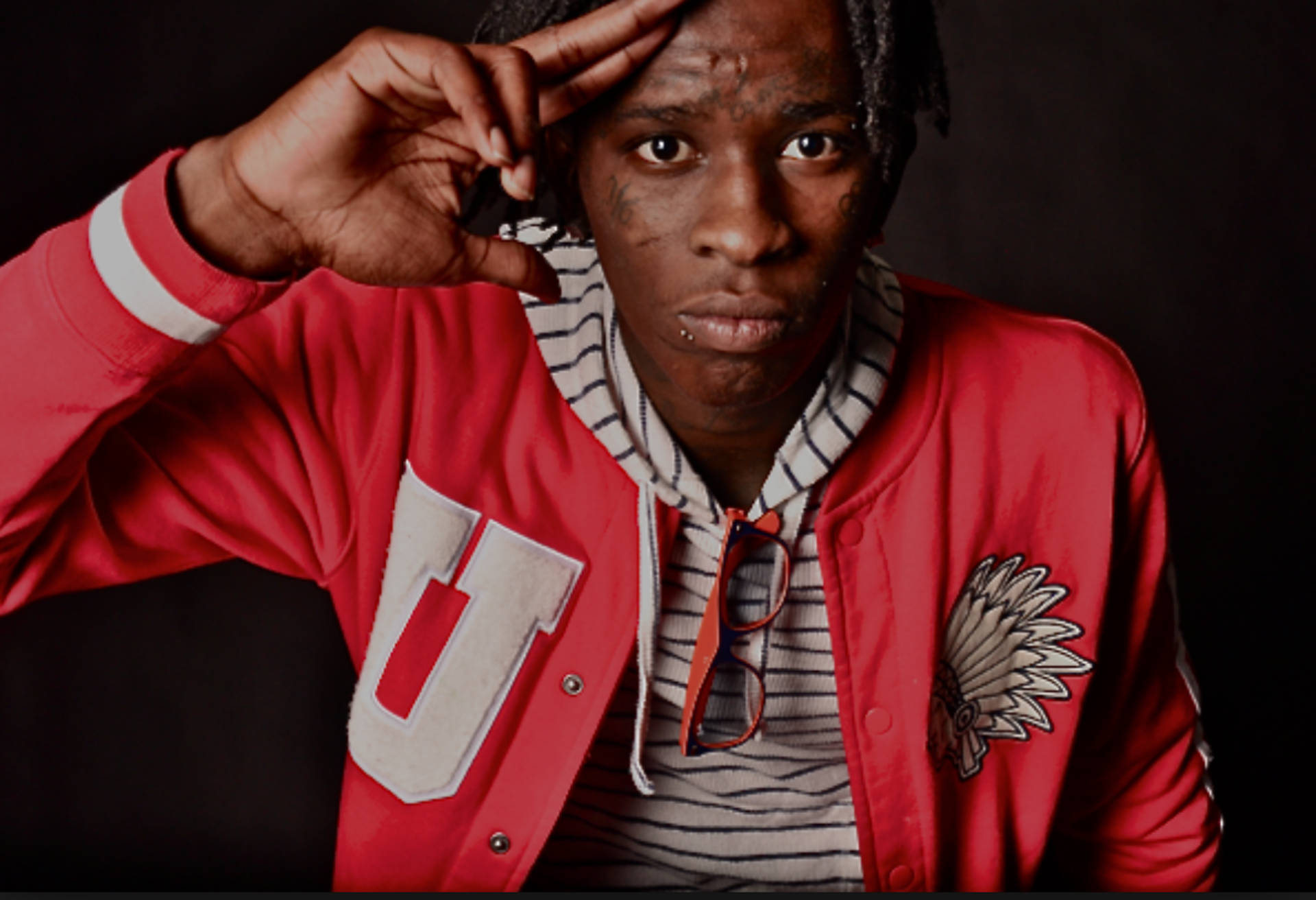 Young Thug, red varsity jacket, U and feather patch, Full HD Desktop Wallpaper