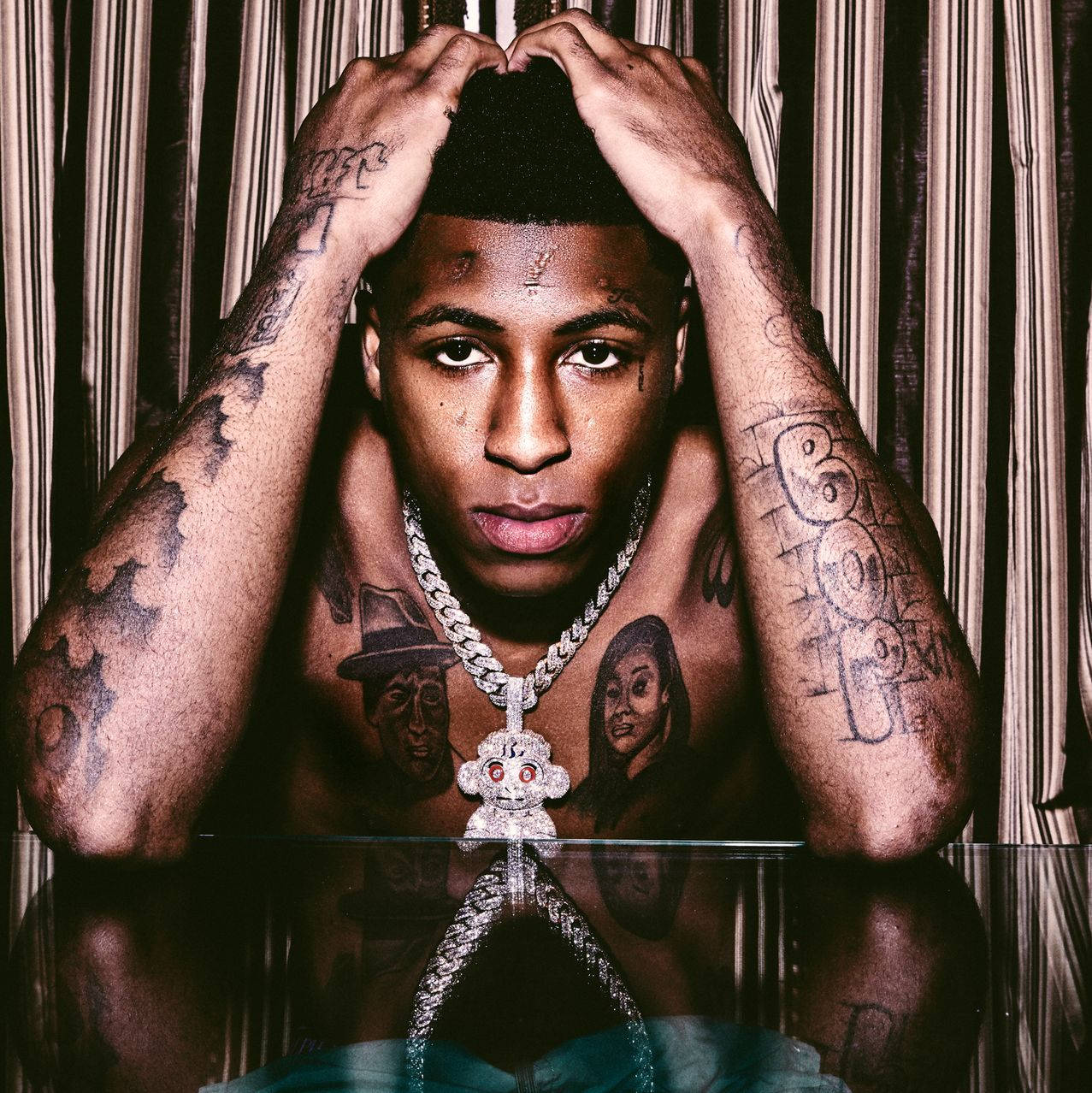Youngboy Never Broke Again, striped curtain, reflective surface, SD Phone Wallpaper