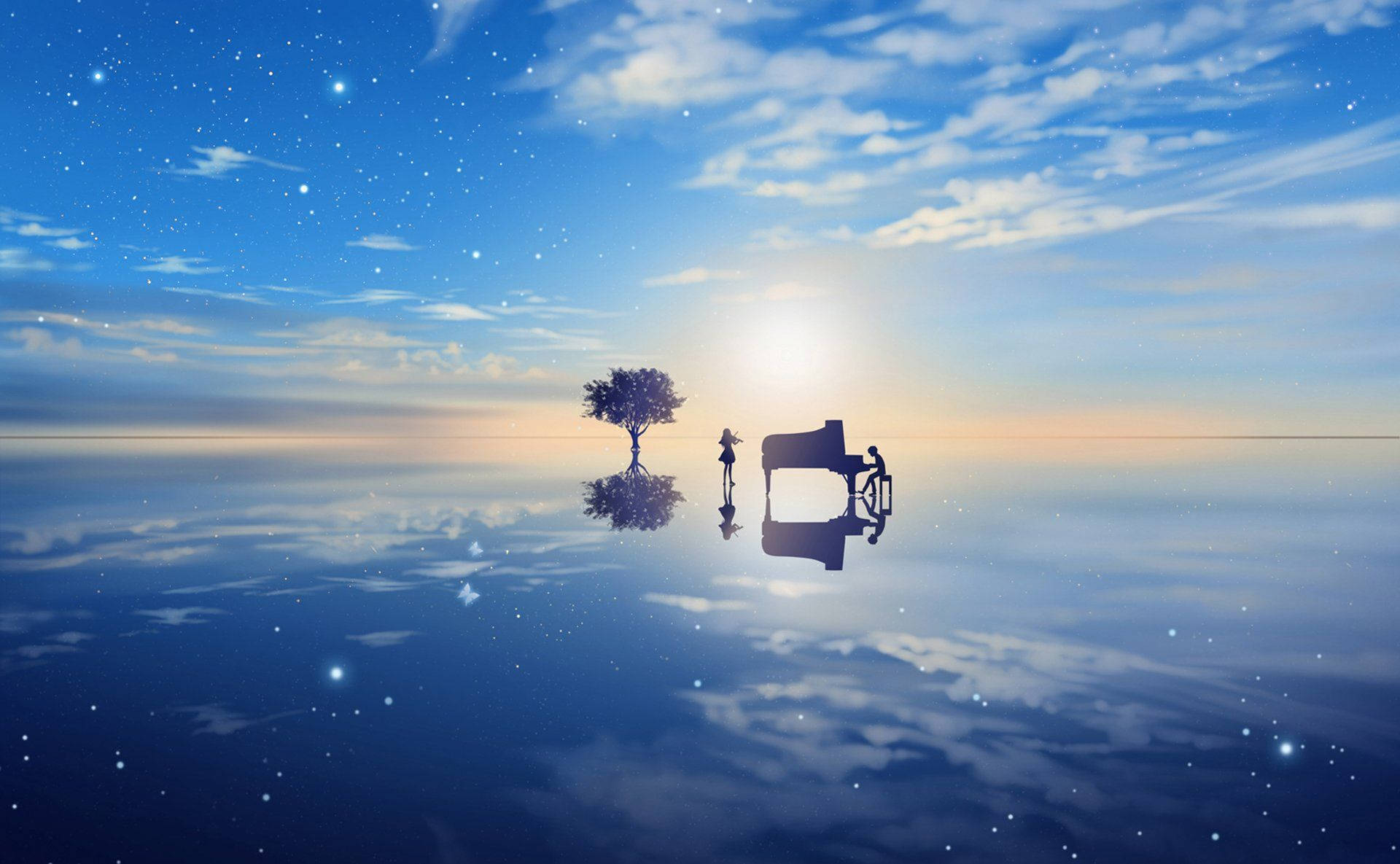 Piano, Your Lie In April, starry sky, Full HD Desktop Wallpaper