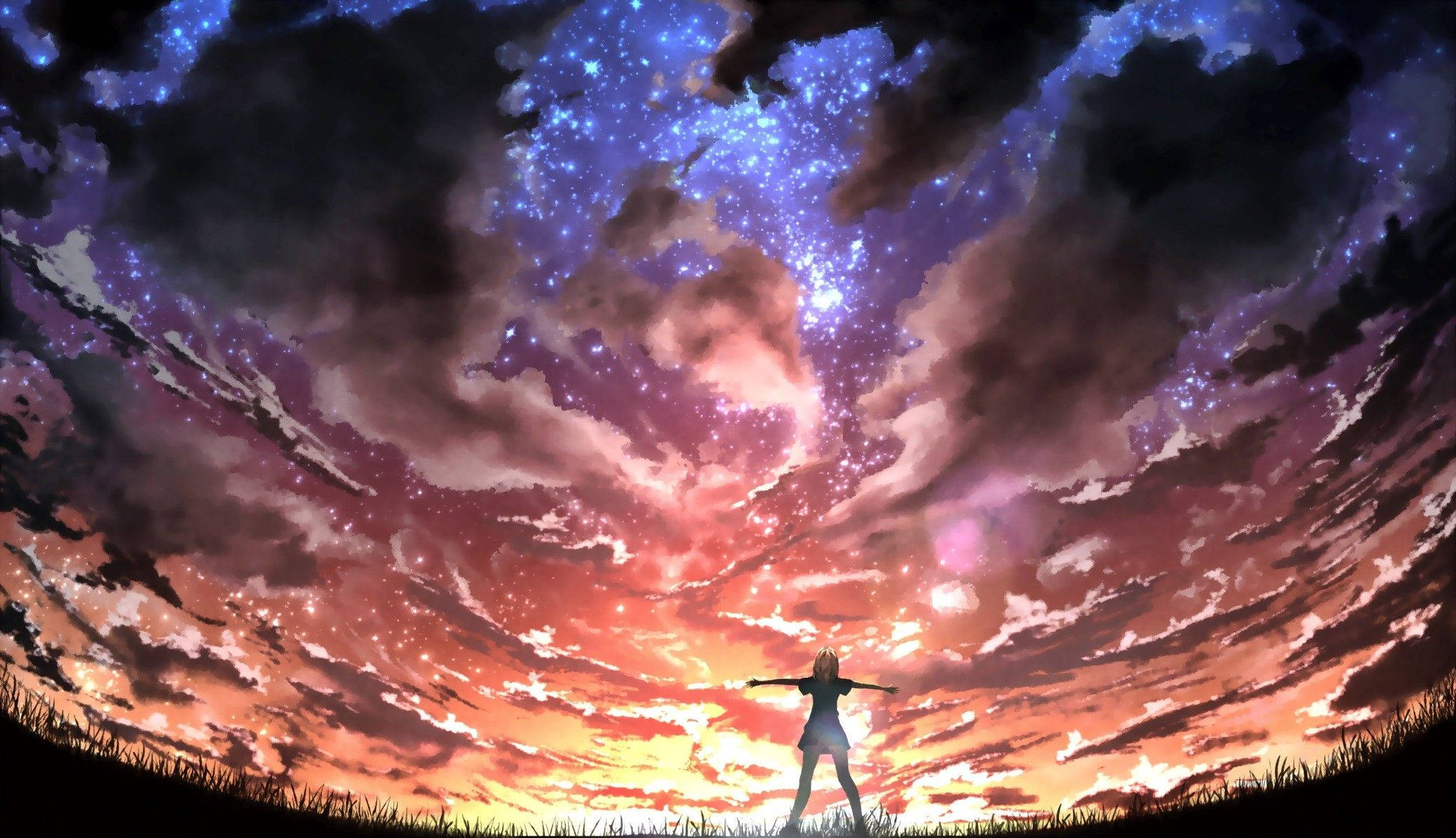 Your Lie In April, sunset, swirling cosmic sky, Full HD Desktop Wallpaper