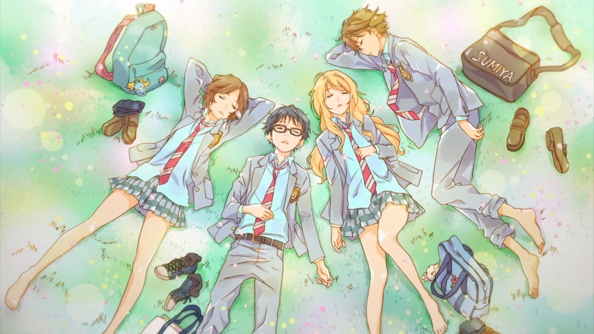 Your Lie In April, green anime aesthetic, school uniforms, Full HD Desktop Wallpaper