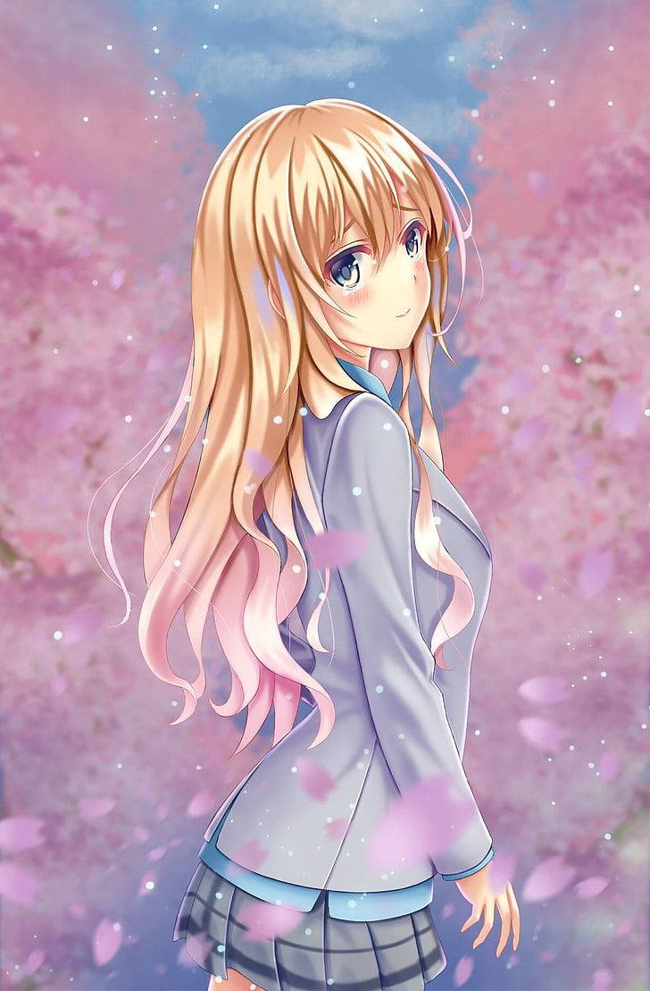 Your Lie In April, blonde anime girl, school uniform, SD Phone Wallpaper