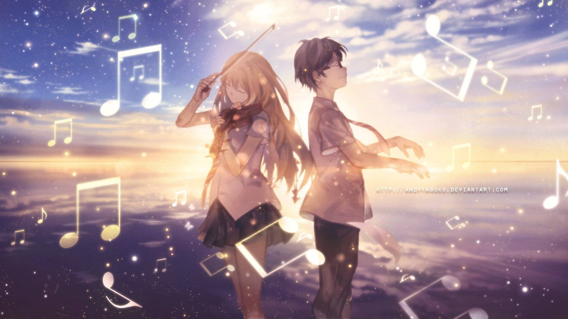 Your Lie In April, sunset sky, floating musical notes, Full HD Desktop Wallpaper