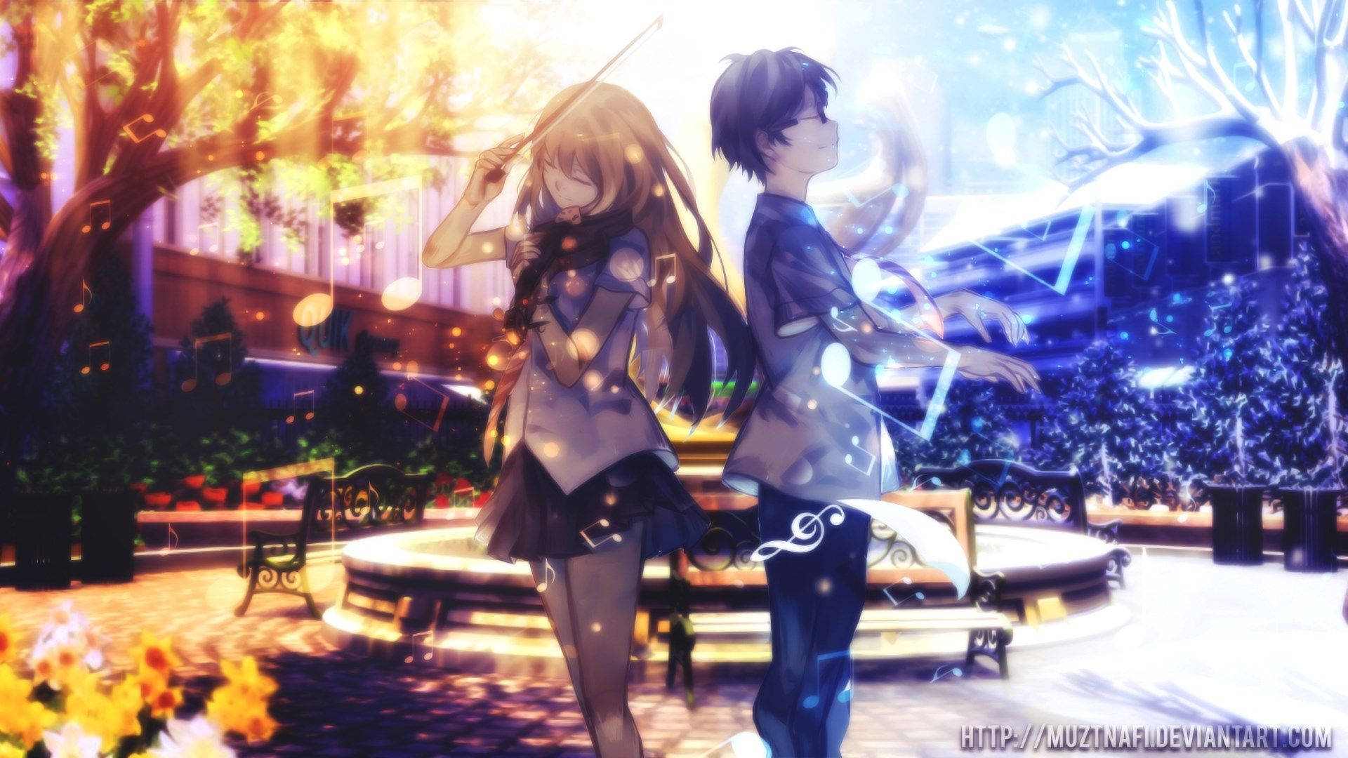 Your Lie In April, magical park, glowing trees, Full HD Desktop Wallpaper