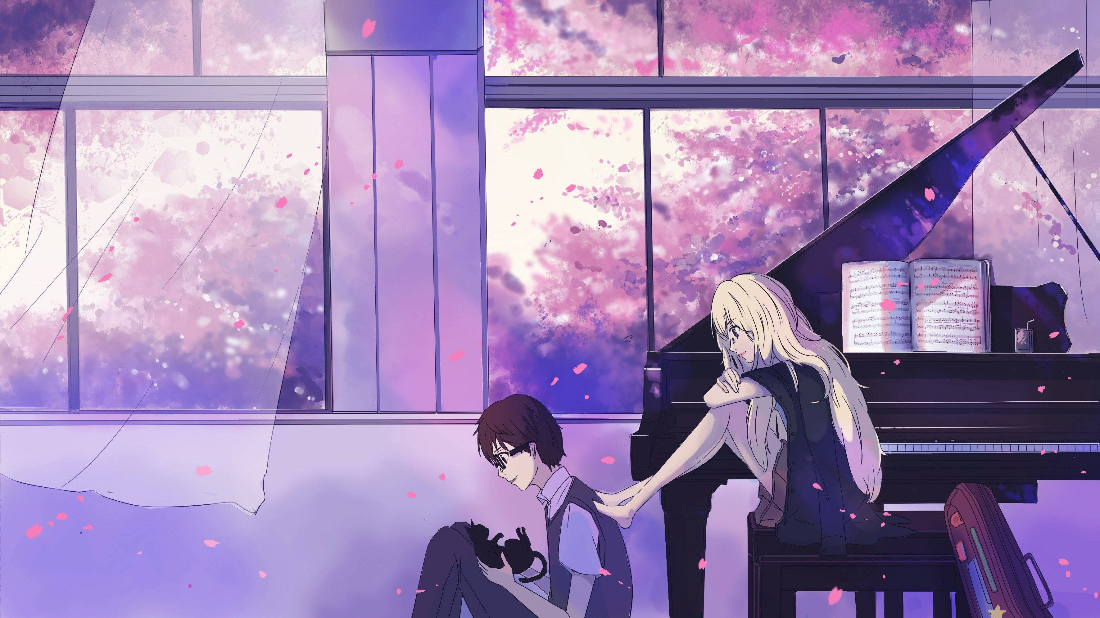 Your Lie In April, purple-hued window, cherry blossoms, 2K Desktop Wallpaper