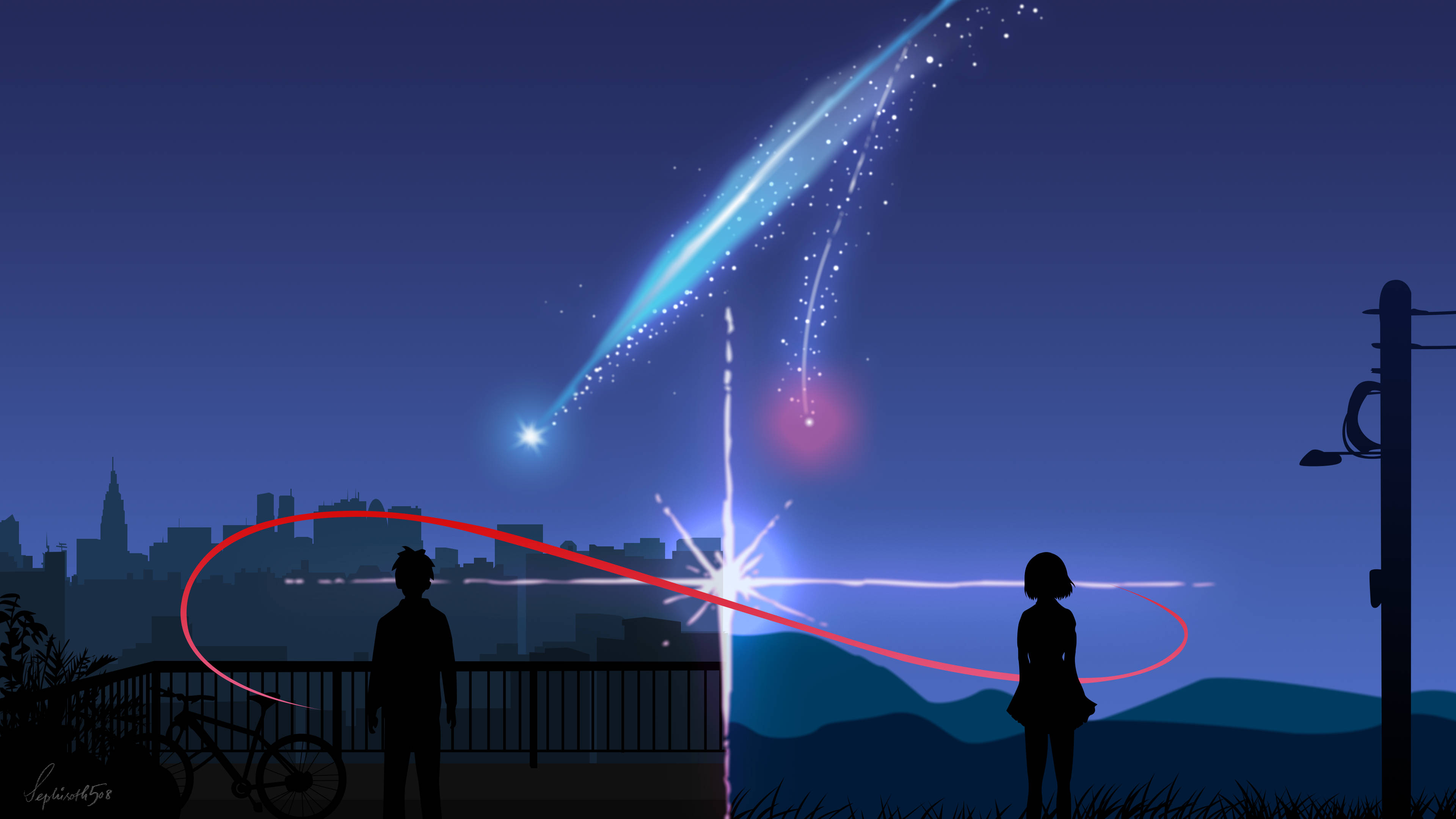 Your Name 4K, red string connection, bridge, 4K Desktop Wallpaper