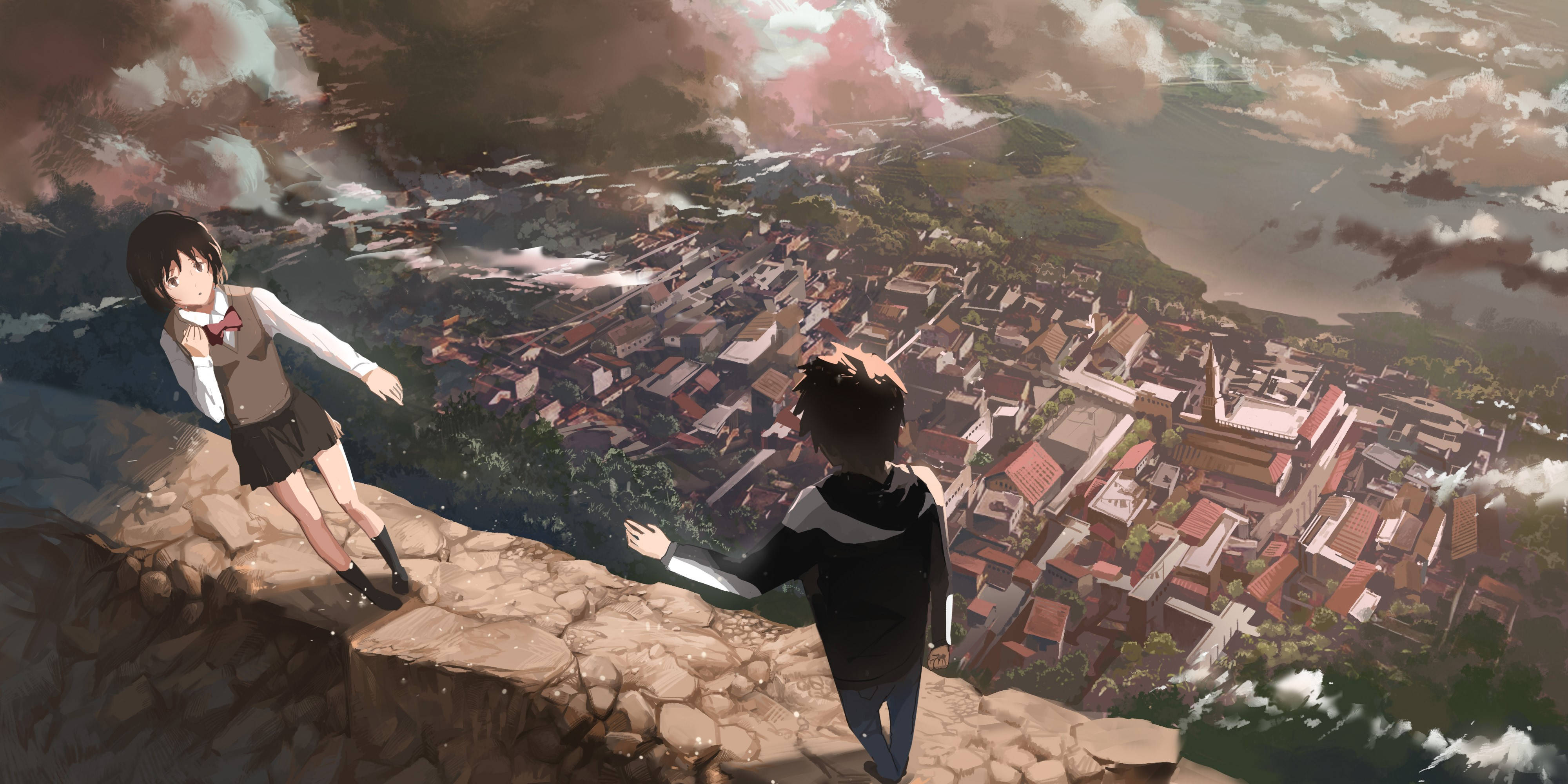 Your Name 4K, cliff edge, anime teens, 4K Desktop Wallpaper