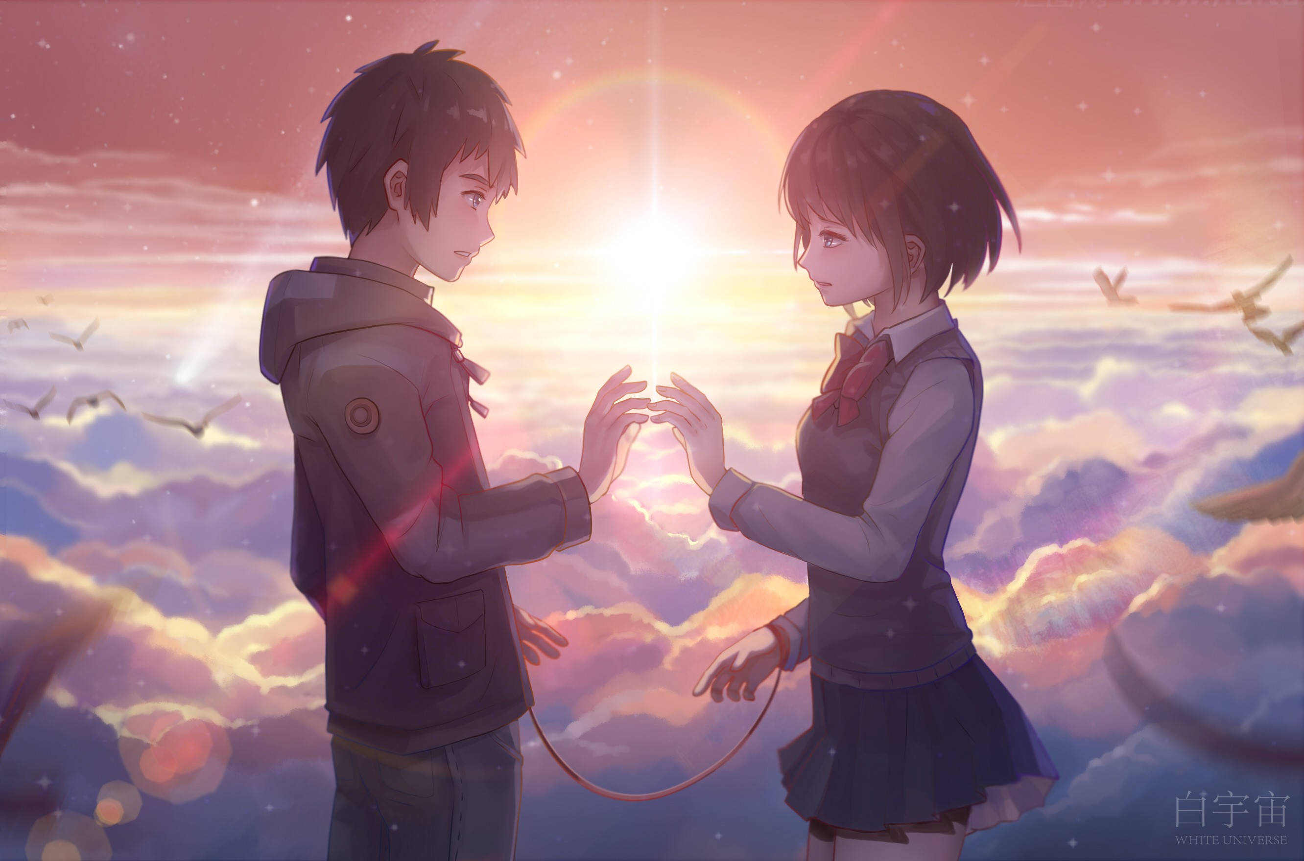 Your Name Anime 2016, hands touching, two anime teens, 2K Desktop Wallpaper
