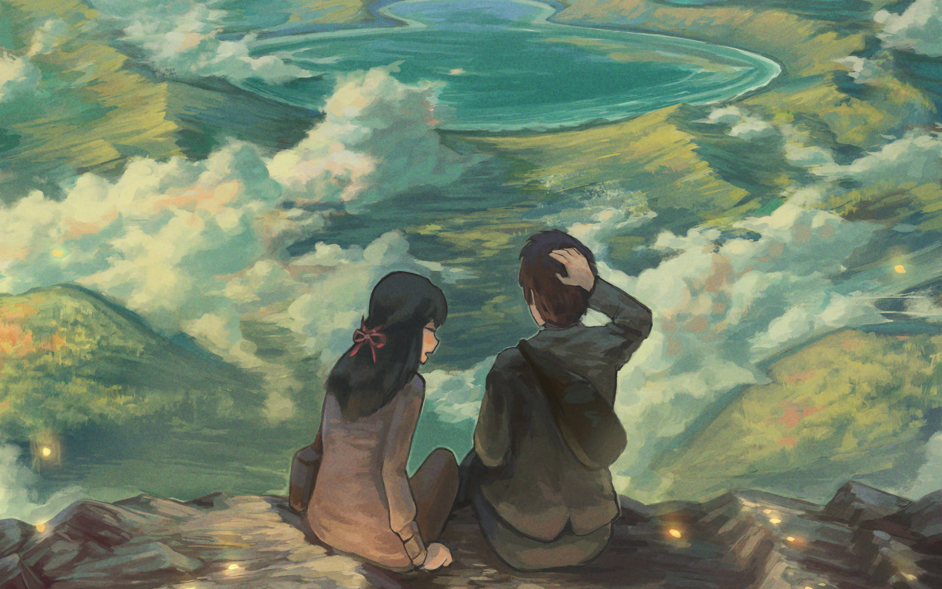 Your Name Anime 2016, cliff, surreal turquoise lake, Full HD Desktop Wallpaper