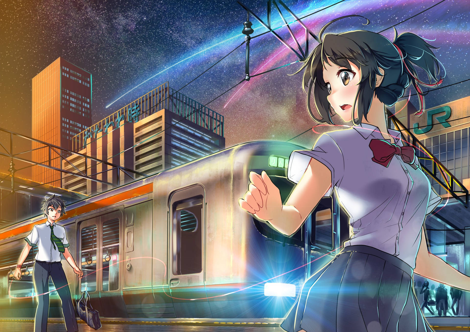 Your Name Anime 2016, train, school uniform, Full HD Desktop Wallpaper