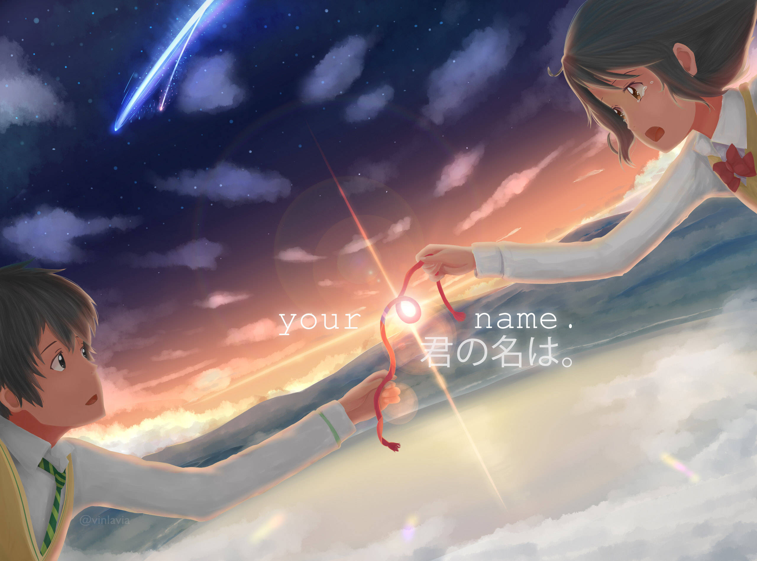 Your Name Anime 2016, red string art, starry sky, 2K Desktop Wallpaper
