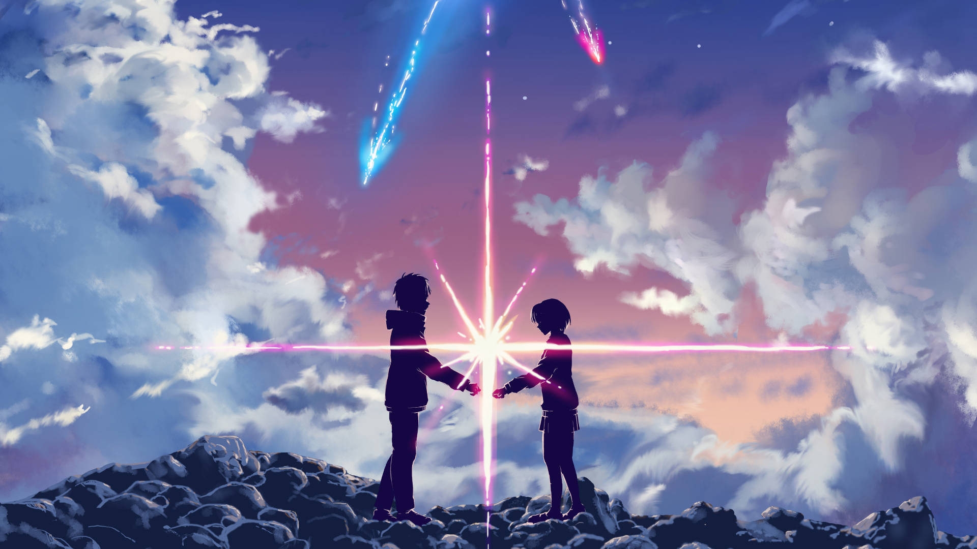 Your Name Anime 2016, lovers meeting comet, twilight sky, Full HD Desktop Wallpaper