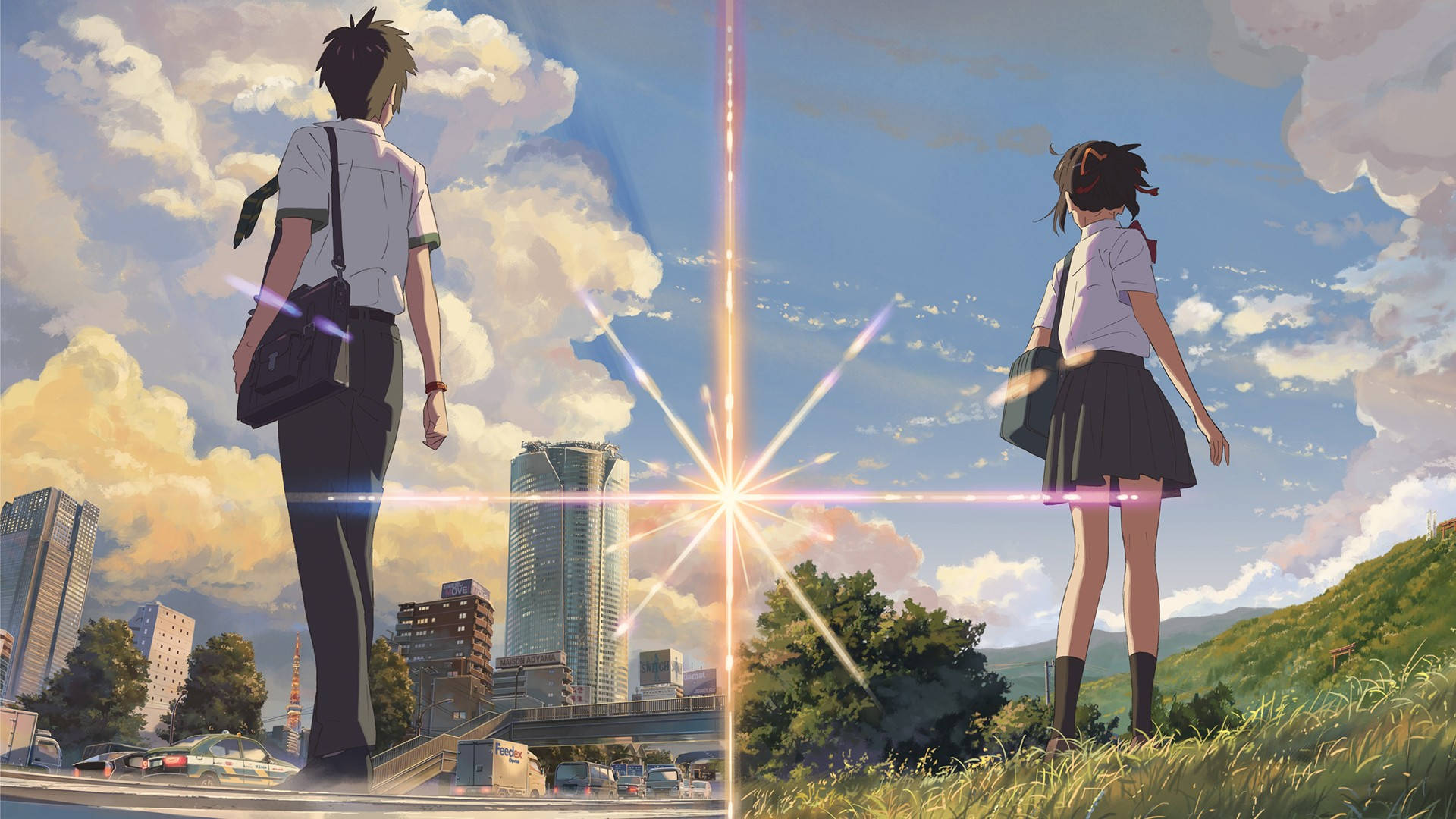 Your Name Anime 2016, glowing divide, city, Full HD Desktop Wallpaper