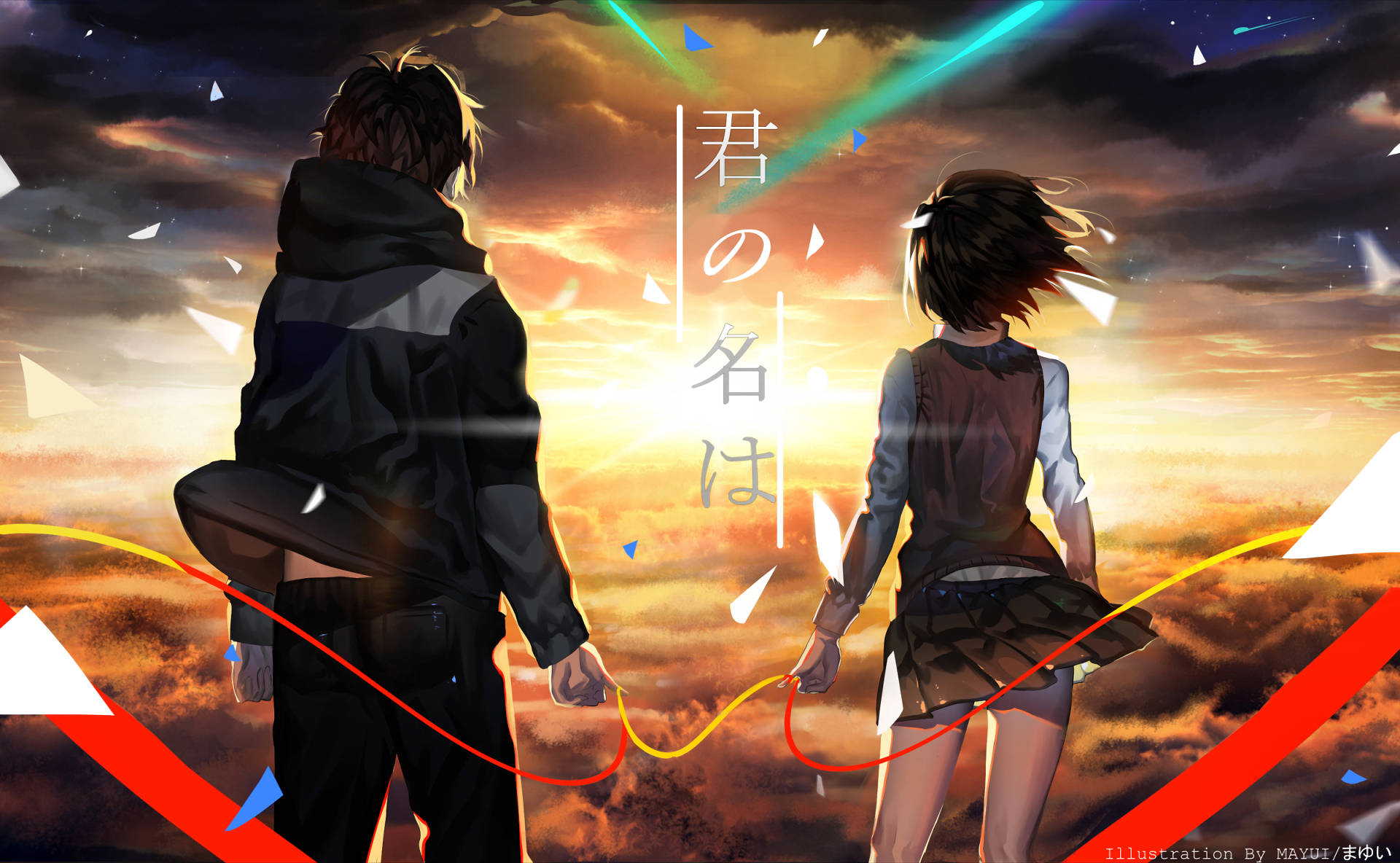 Your Name Anime 2016, sunset, glowing streaks, Full HD Desktop Wallpaper