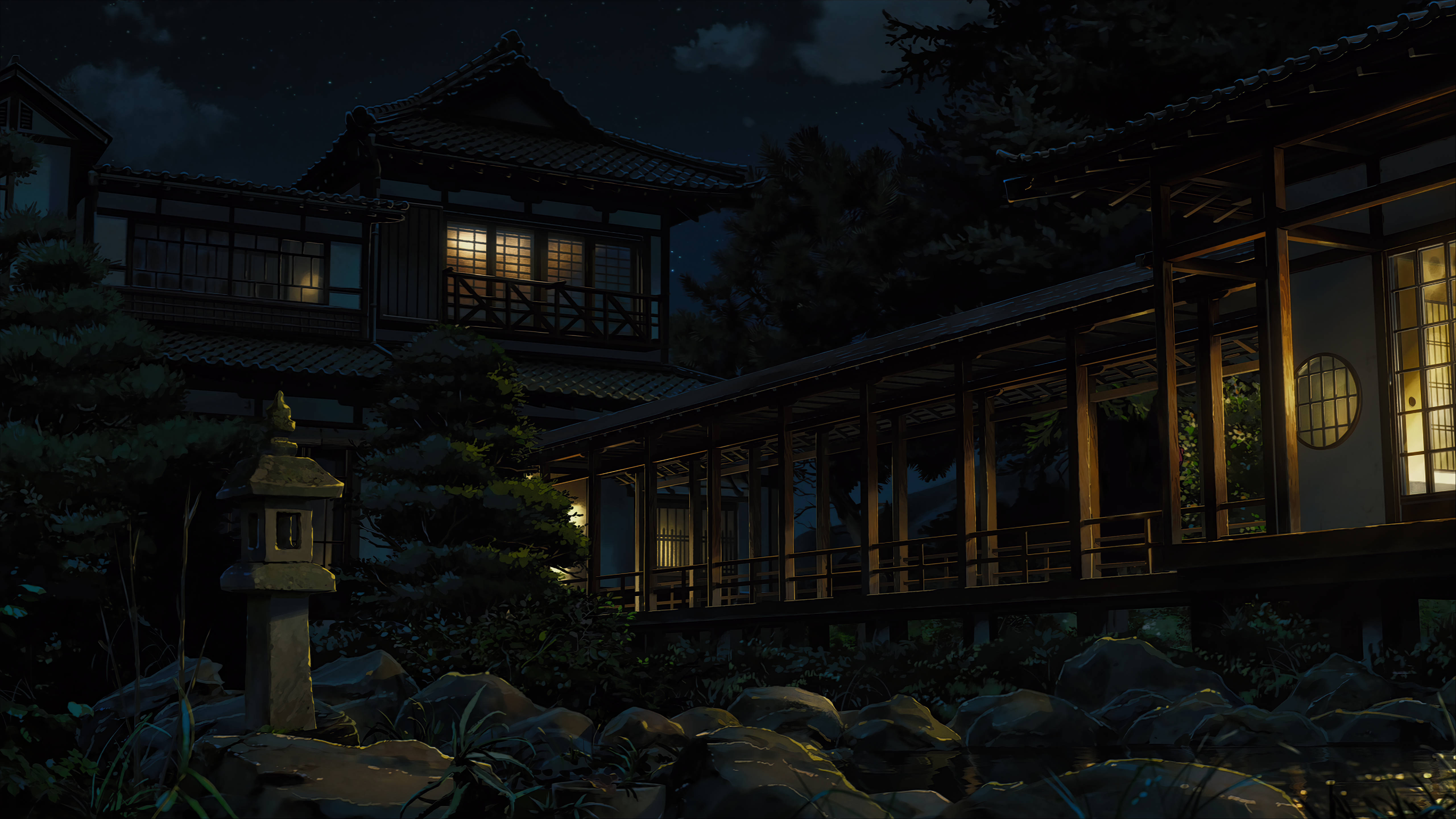 Your Name, Japanese house, starry night sky, 5K Desktop Wallpaper