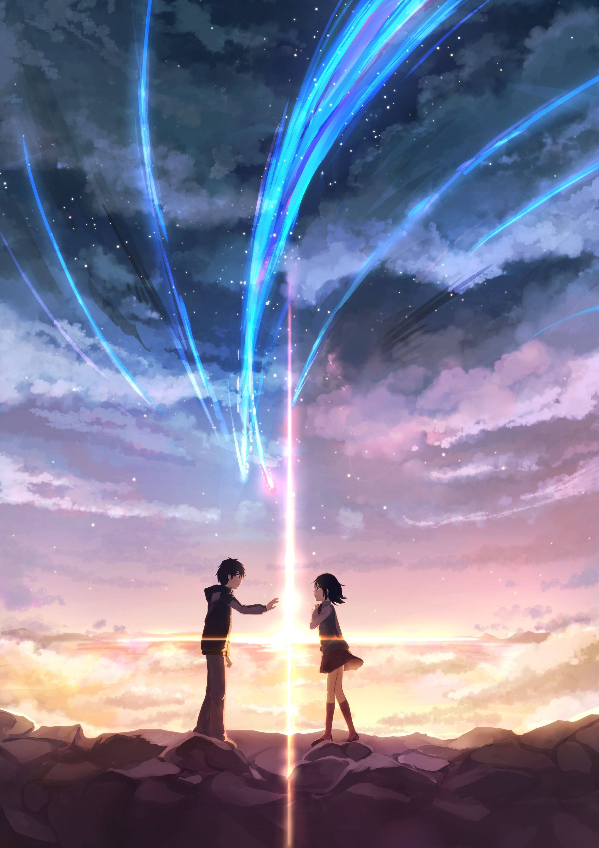 Your Name, falling comets, glowing blue cosmic beams, 2K Phone Wallpaper