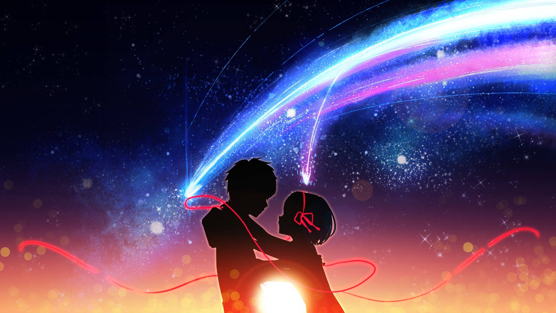 Your Name, red string silhouette, cosmic sky, Full HD Desktop Wallpaper