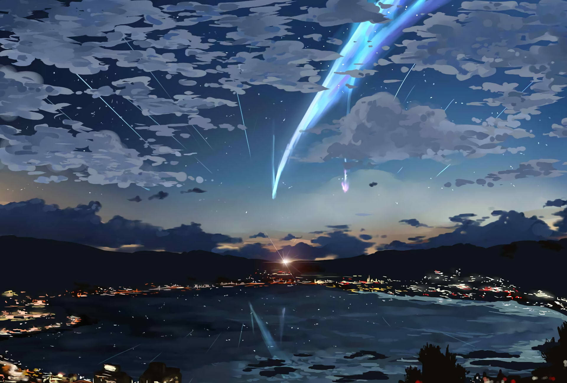 Your Name, anime night sky, coastal town, Full HD Desktop Wallpaper