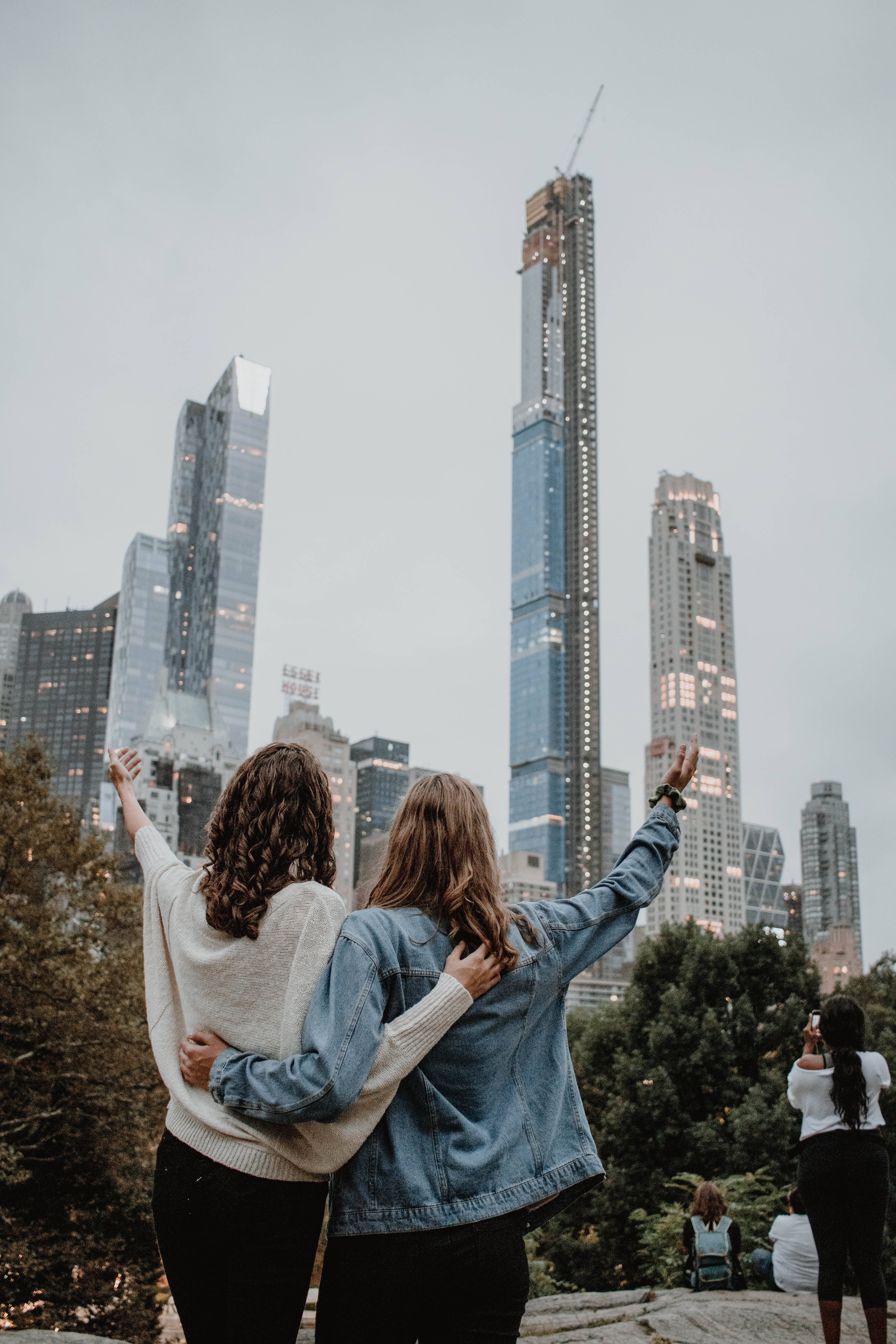 girls best friend skyscraper portrait, skyscrapers, misty urban park, 5K Phone Wallpaper
