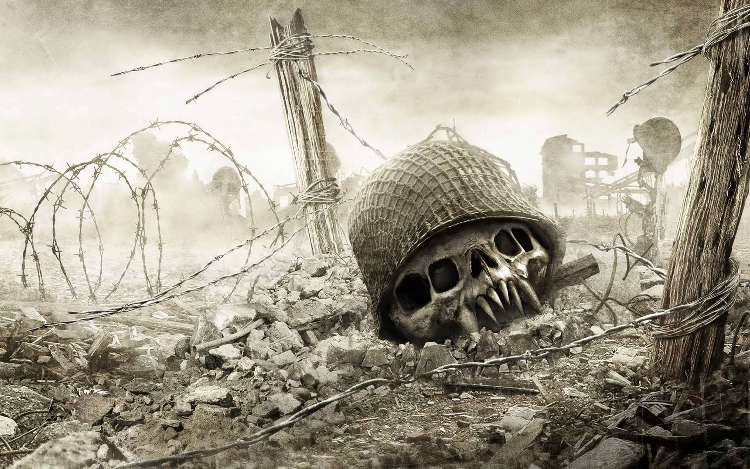 Skull All Best, skull in a helmet, battlefield scene, 2K Desktop Wallpaper