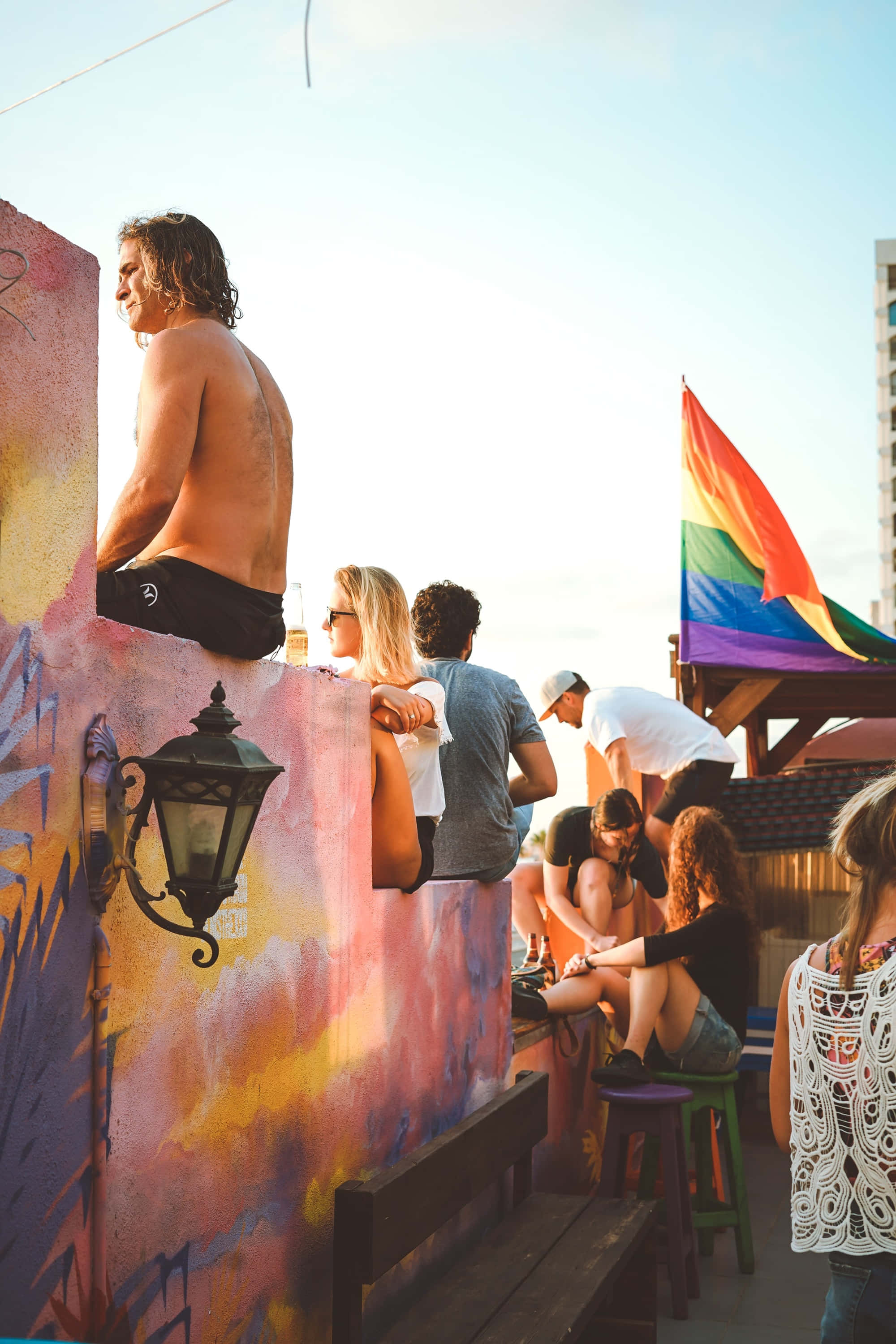 Youth Group, rooftop terrace, sunset, 2K Phone Wallpaper