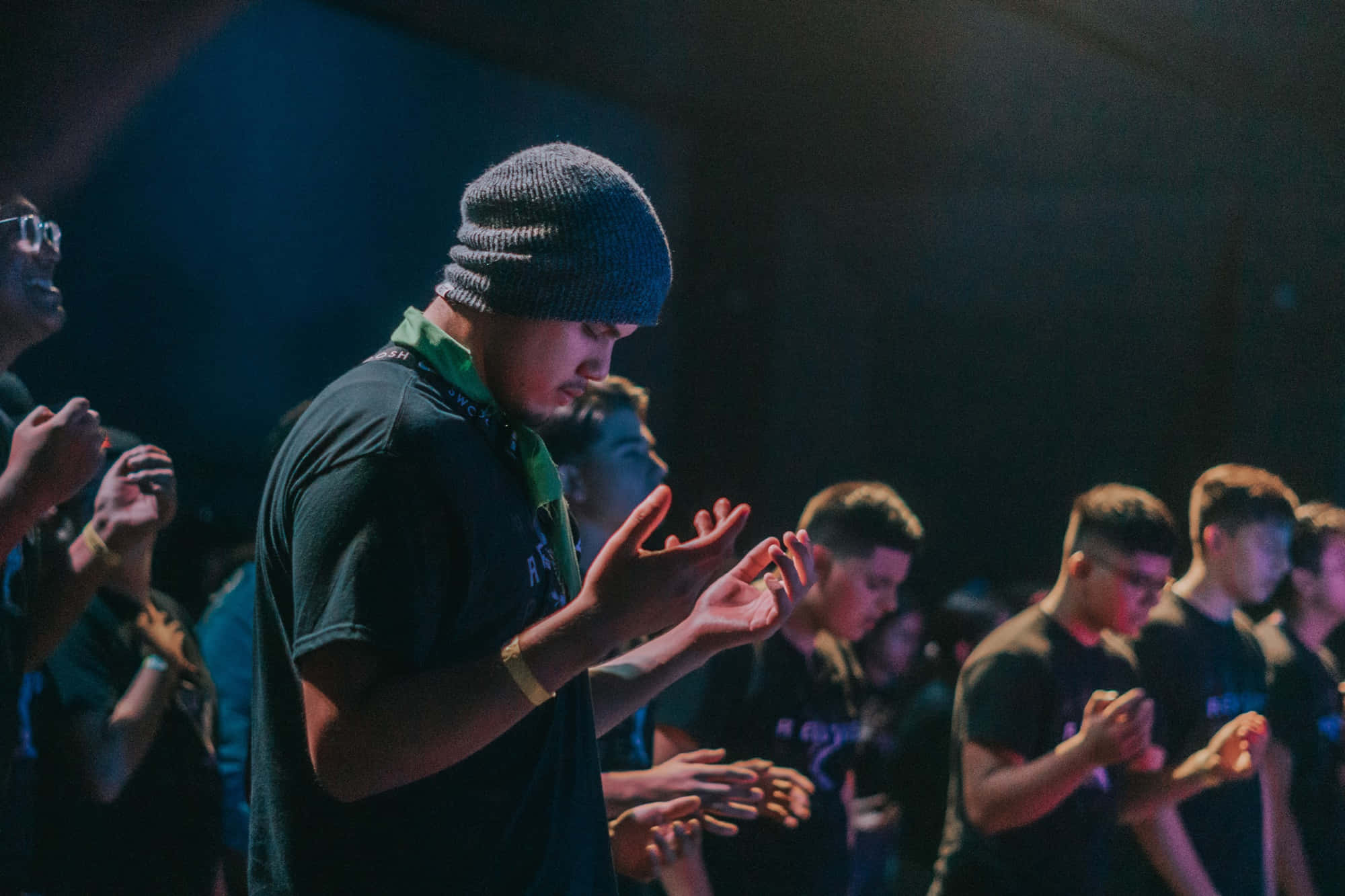 Youth Group, prayer session, dark shirts, Full HD Desktop Wallpaper