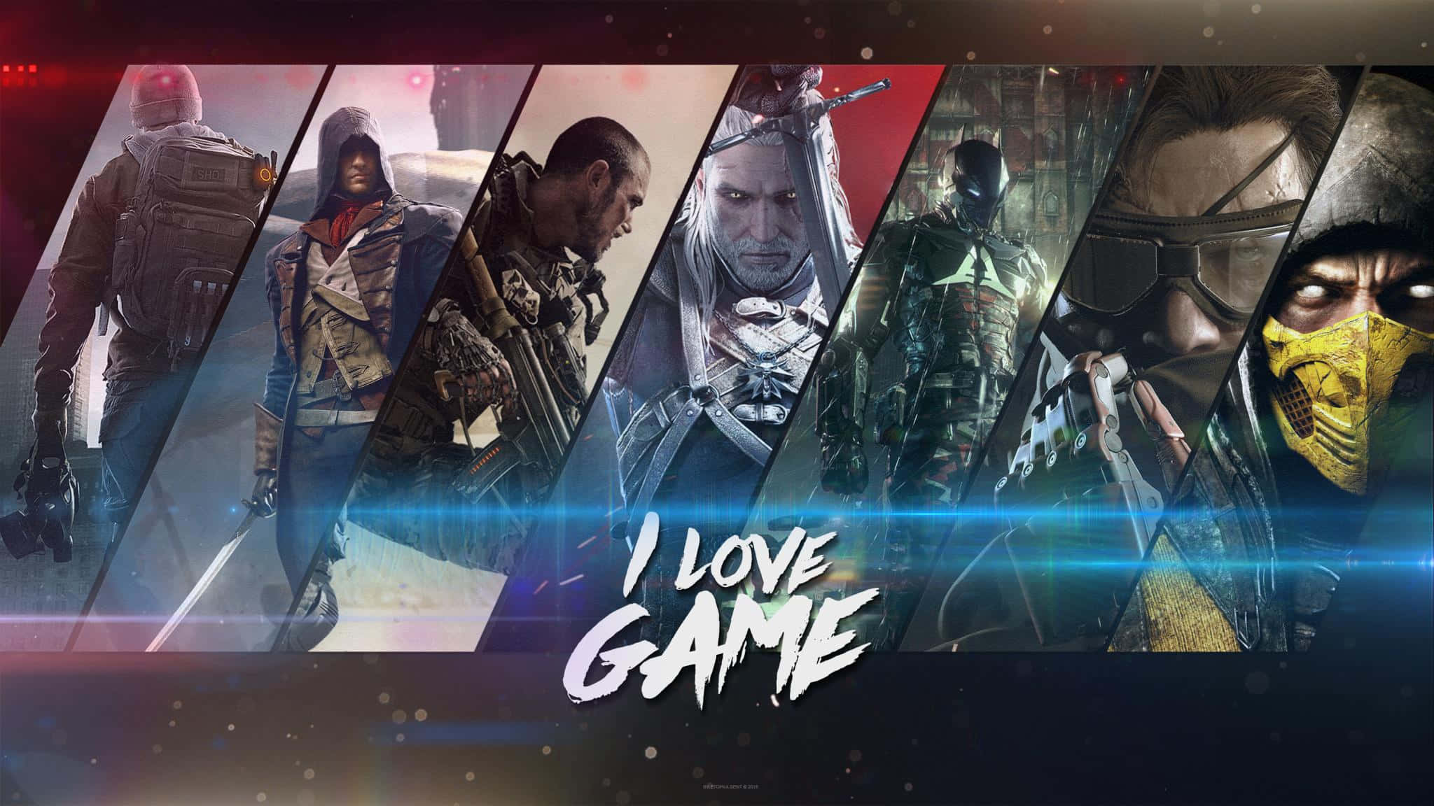 I LOVE GAME, glowing blue light streaks, iconic video game characters, Full HD Desktop Wallpaper
