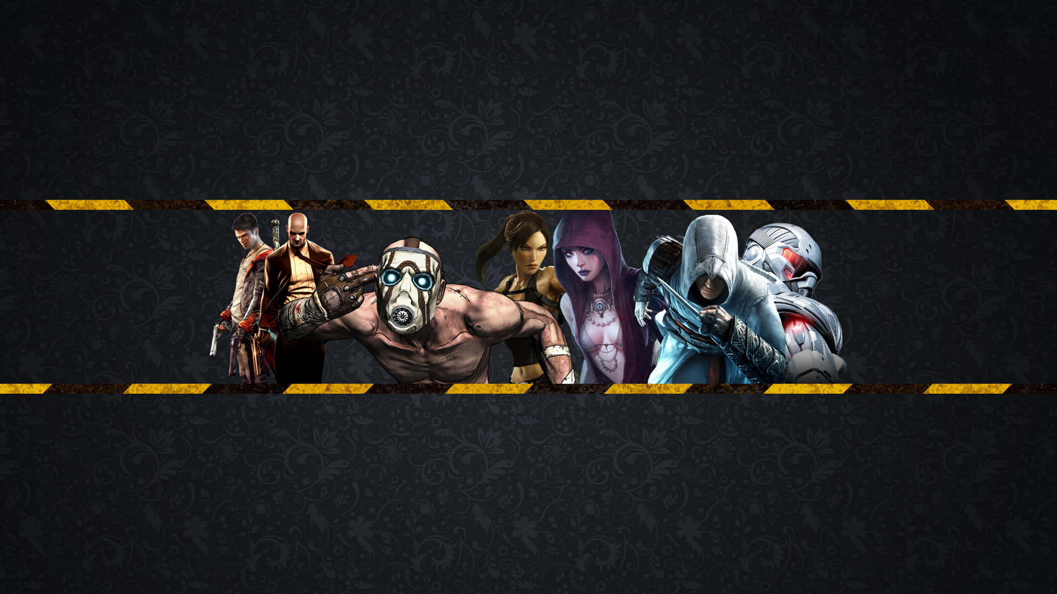 YouTube Banner Gaming, yellow caution stripe, dark patterned background, Full HD Desktop Wallpaper