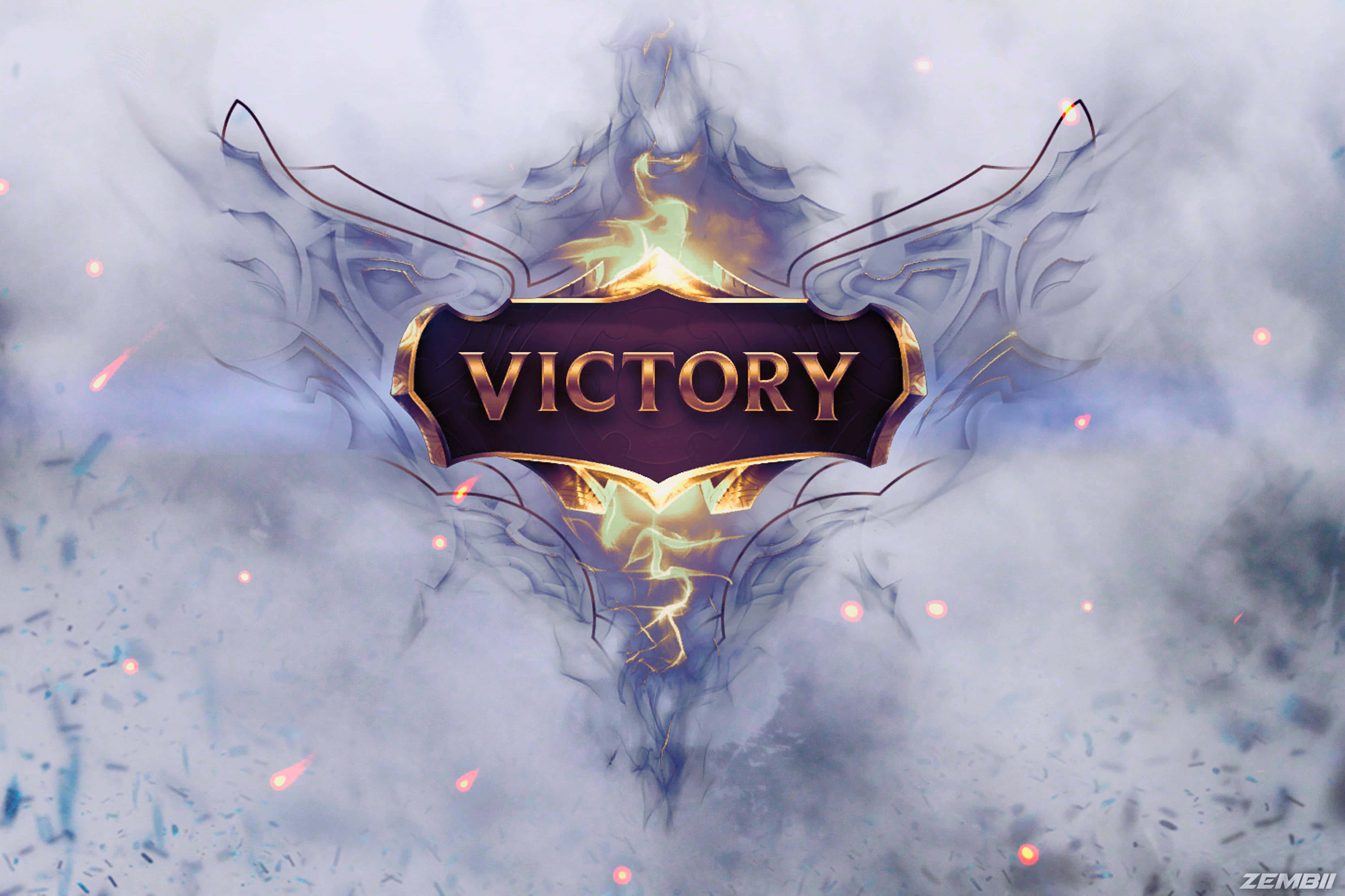 golden 'VICTORY' emblem, ornate wings, swirling mist, 4K Desktop Wallpaper
