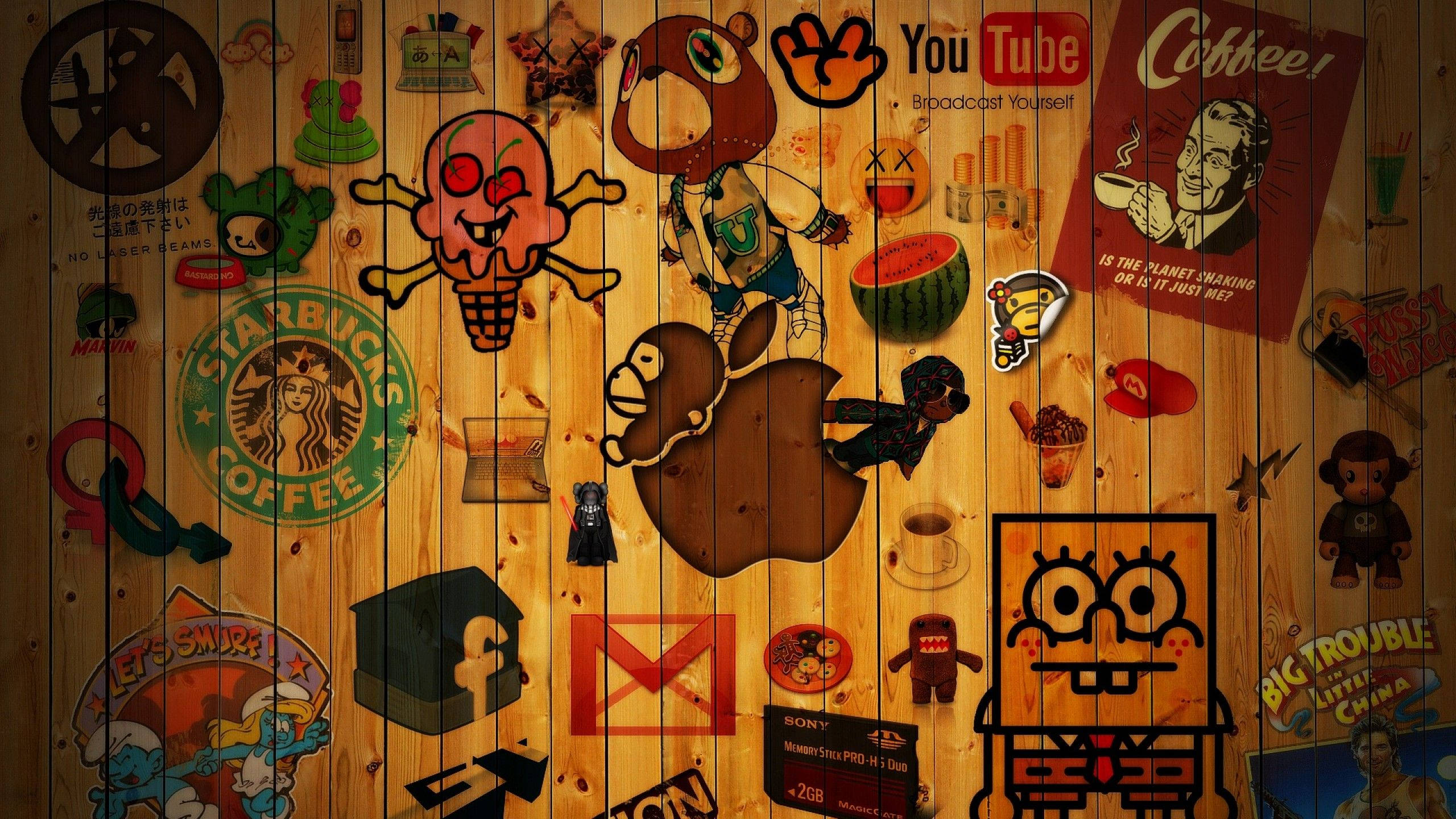 YouTube Cover, wooden wall, logos, 2K Desktop Wallpaper