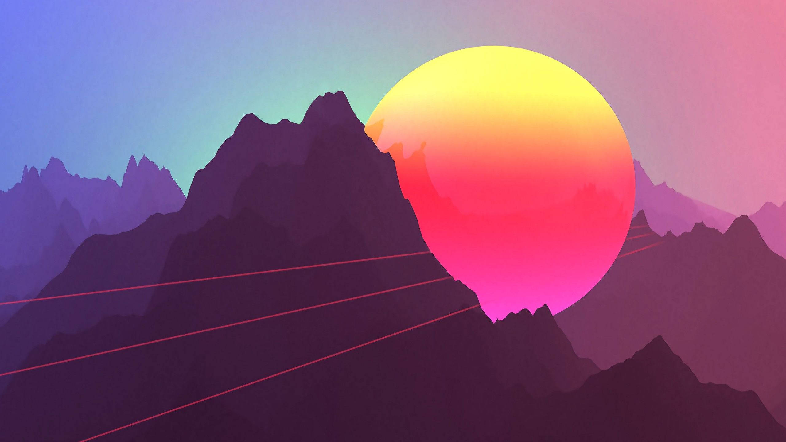 neon landscape, sunset, giant gradient sun, 2K Desktop Wallpaper