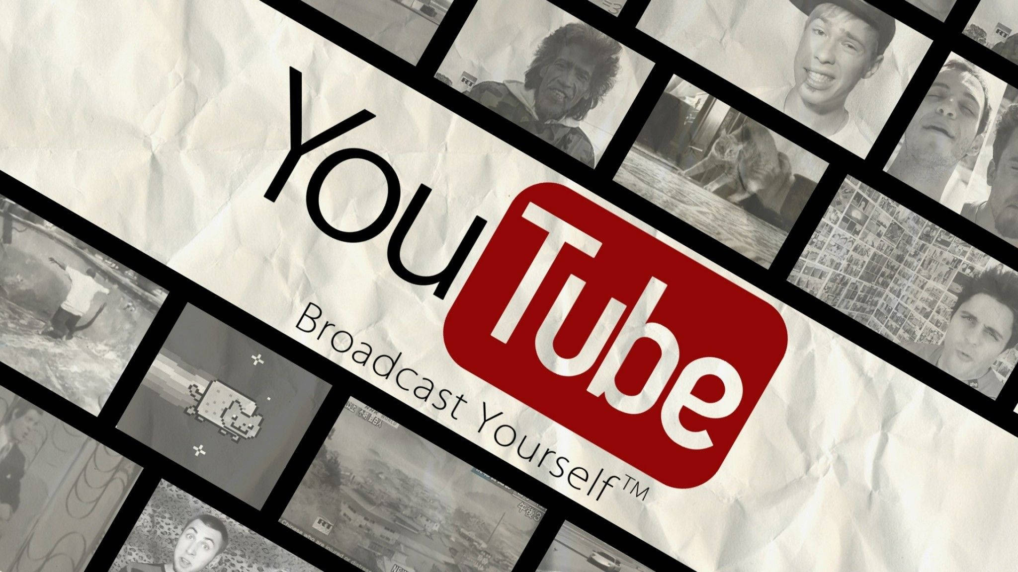 YouTube logo, crumpled paper, black and white video thumbnails, Full HD Desktop Wallpaper