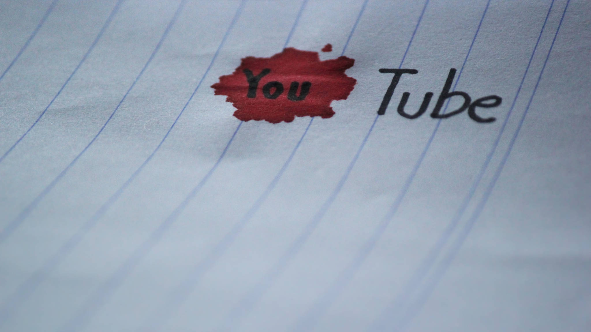 YouTube, red ink blot, blue-lined notebook paper, Full HD Desktop Wallpaper