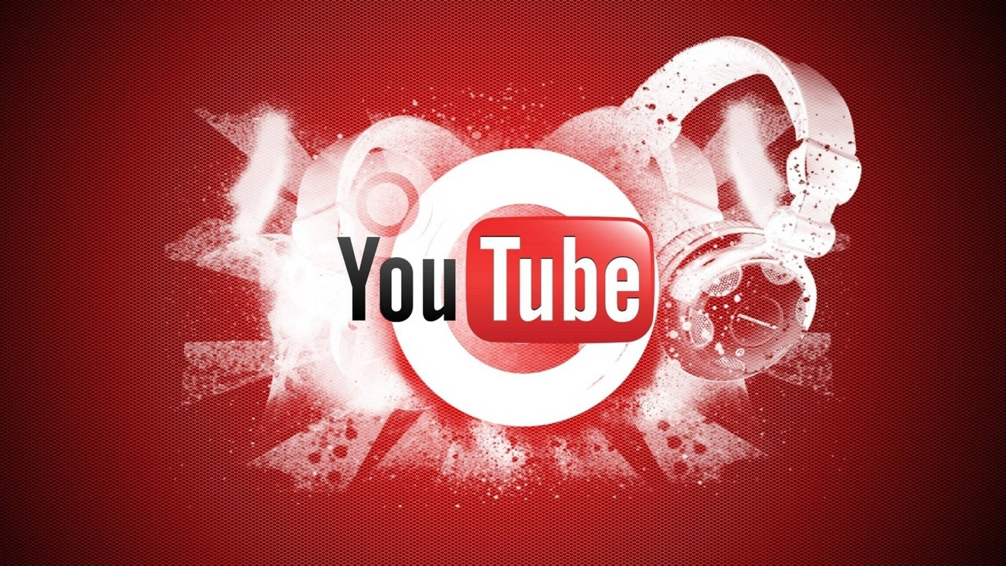 YouTube logo, white splatter, headphones, Full HD Desktop Wallpaper