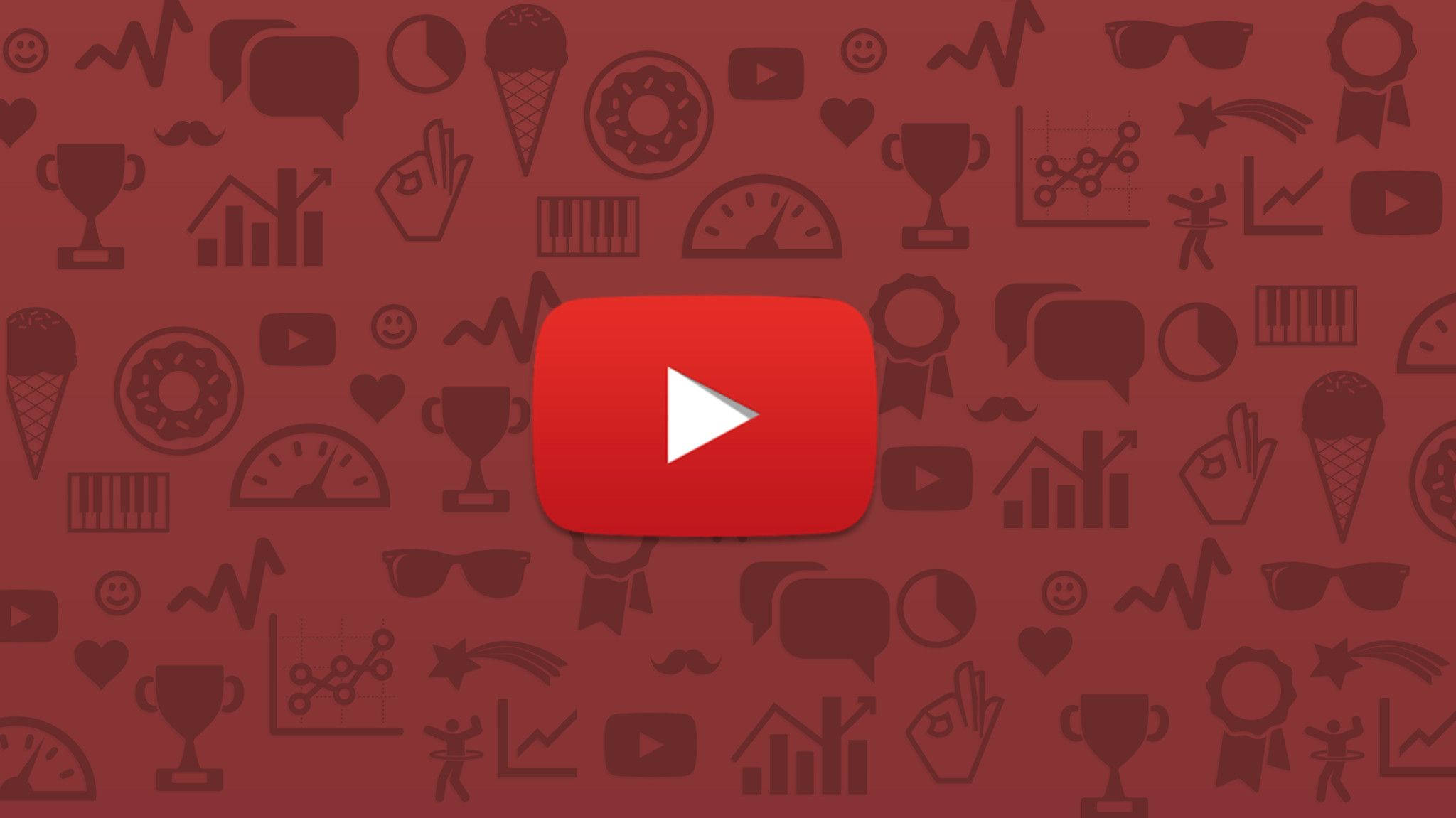 YouTube play button, maroon background, faint social media and achievement icons, Full HD Desktop Wallpaper