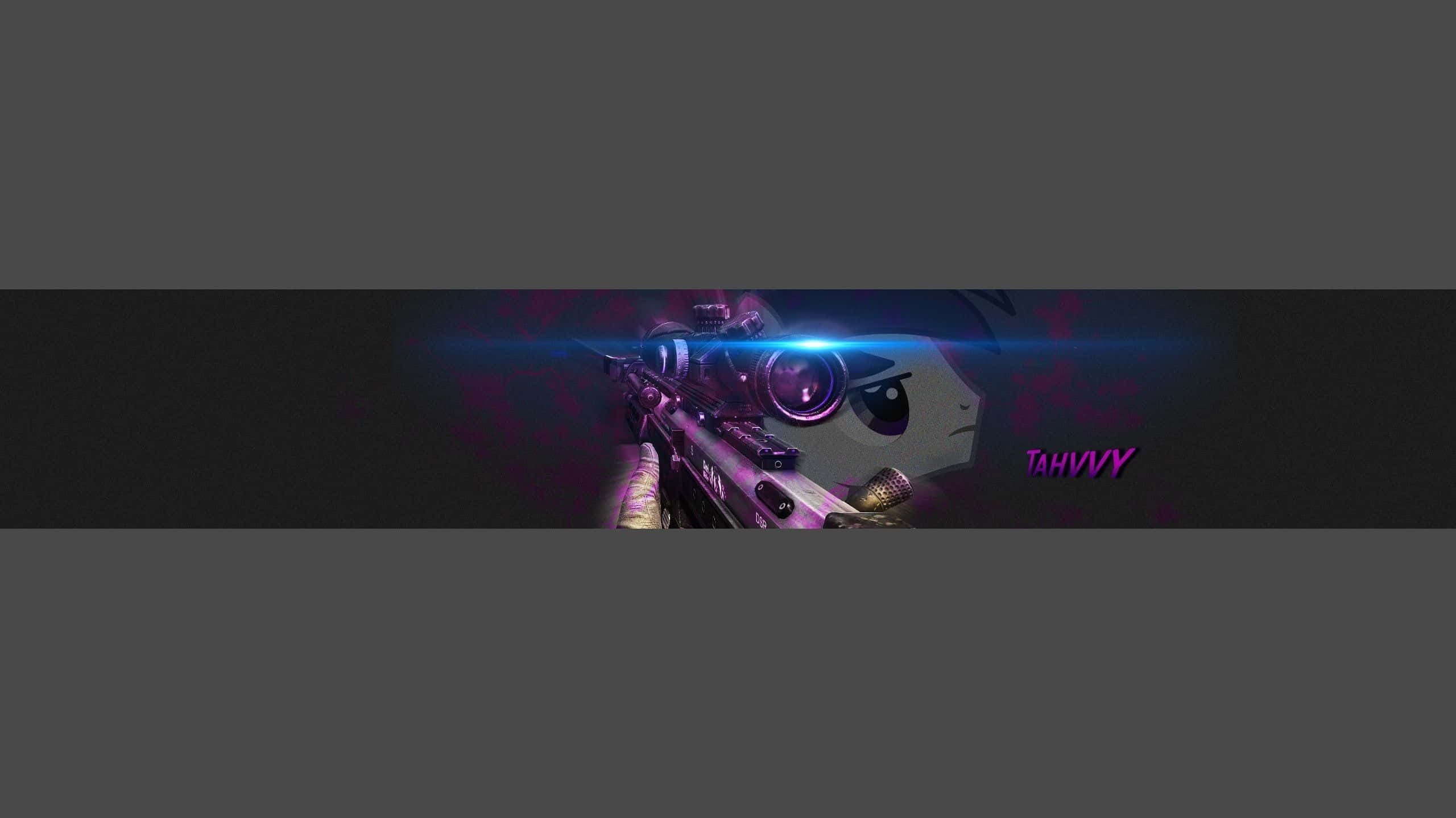 YouTube Gaming, futuristic purple sniper rifle, glowing blue scope, 2K Desktop Wallpaper