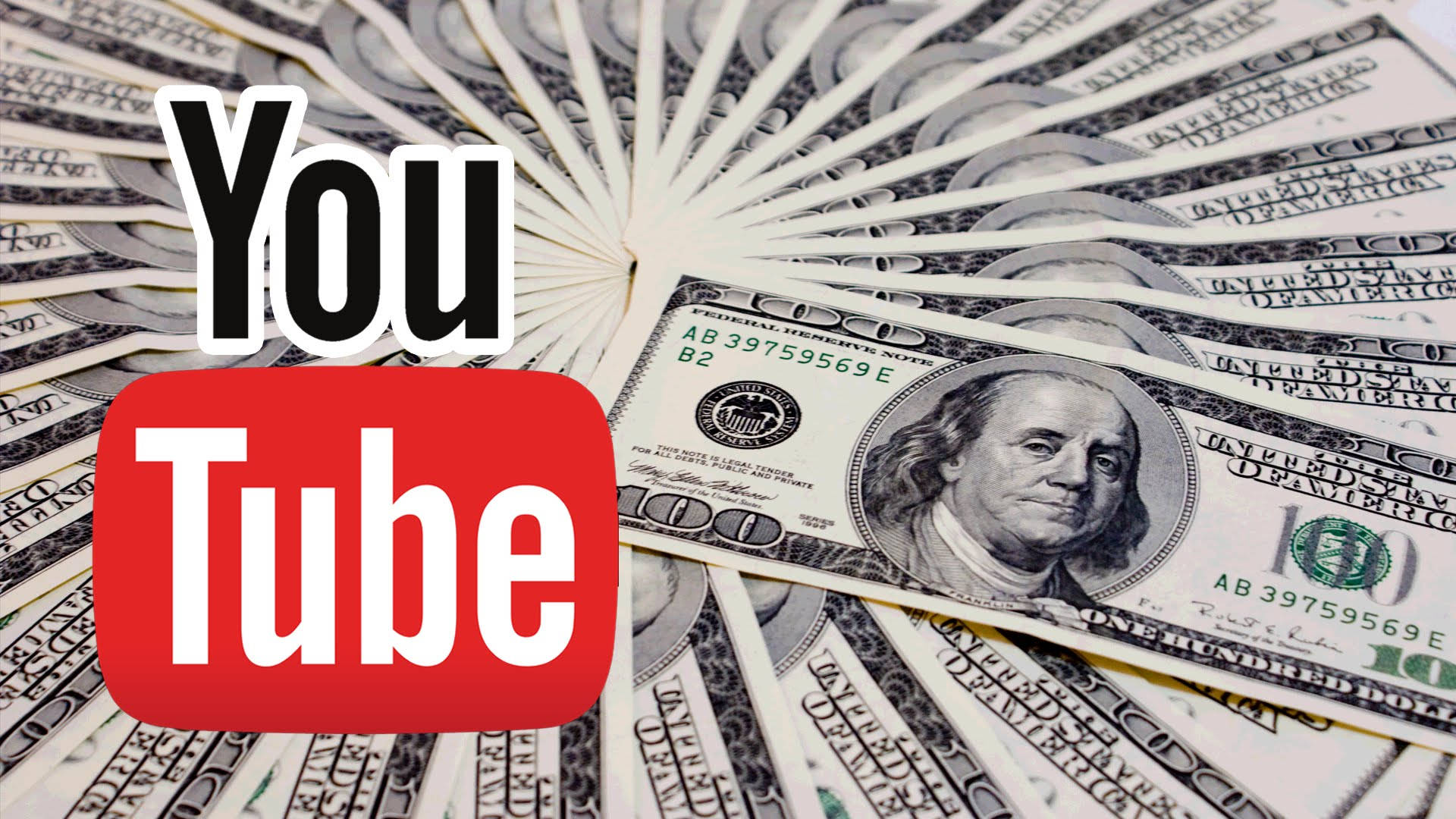 YouTube logo, one hundred dollar bills, fanned spread, Full HD Desktop Wallpaper
