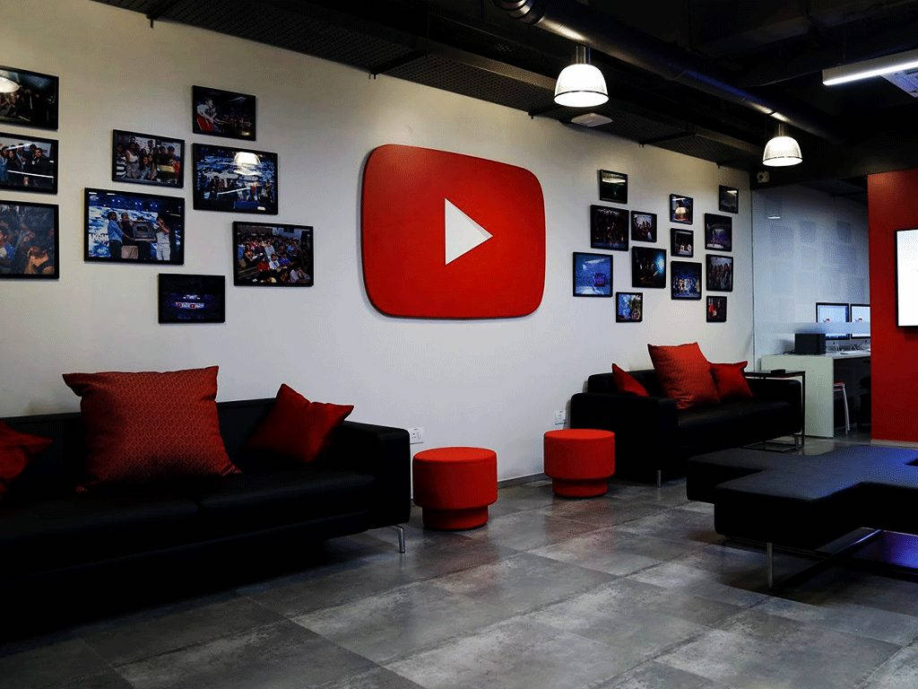 YouTube logo, framed video thumbnails, black sofas, SD Desktop Wallpaper