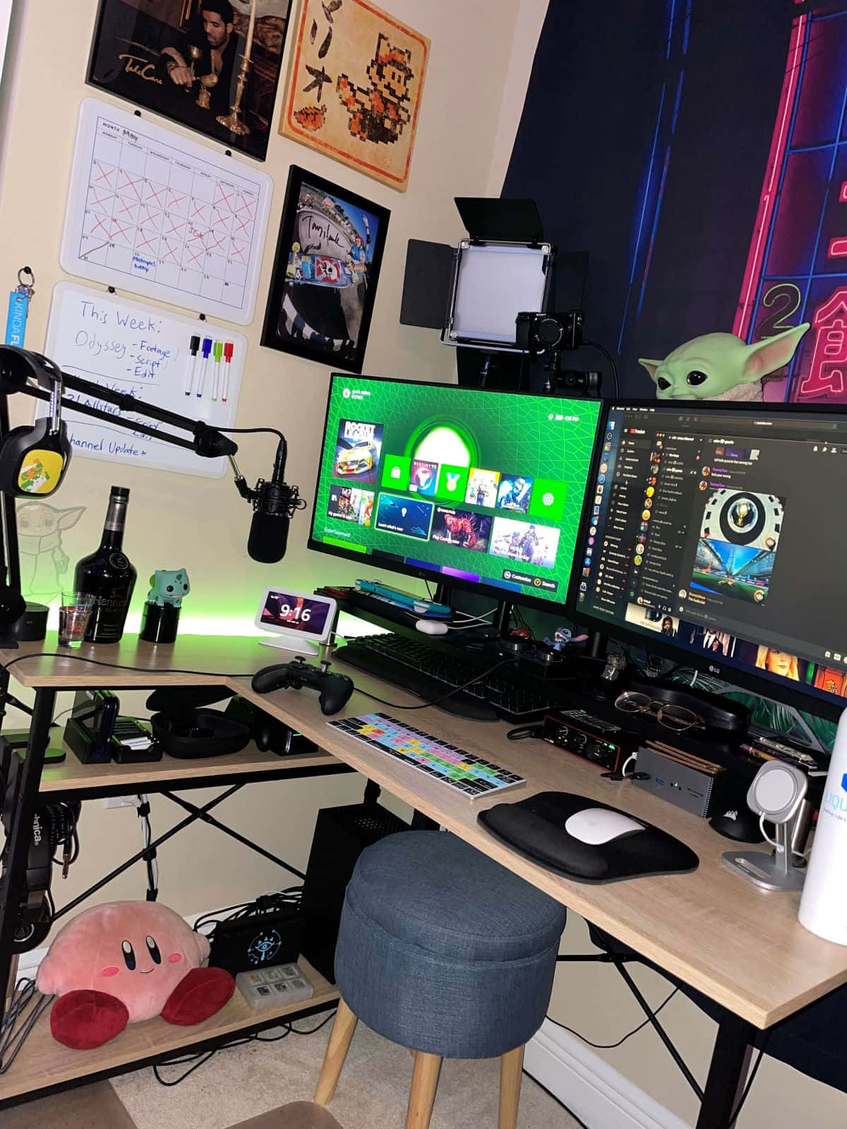 gamer streaming setup, dual monitors, green interface, HD Phone Wallpaper