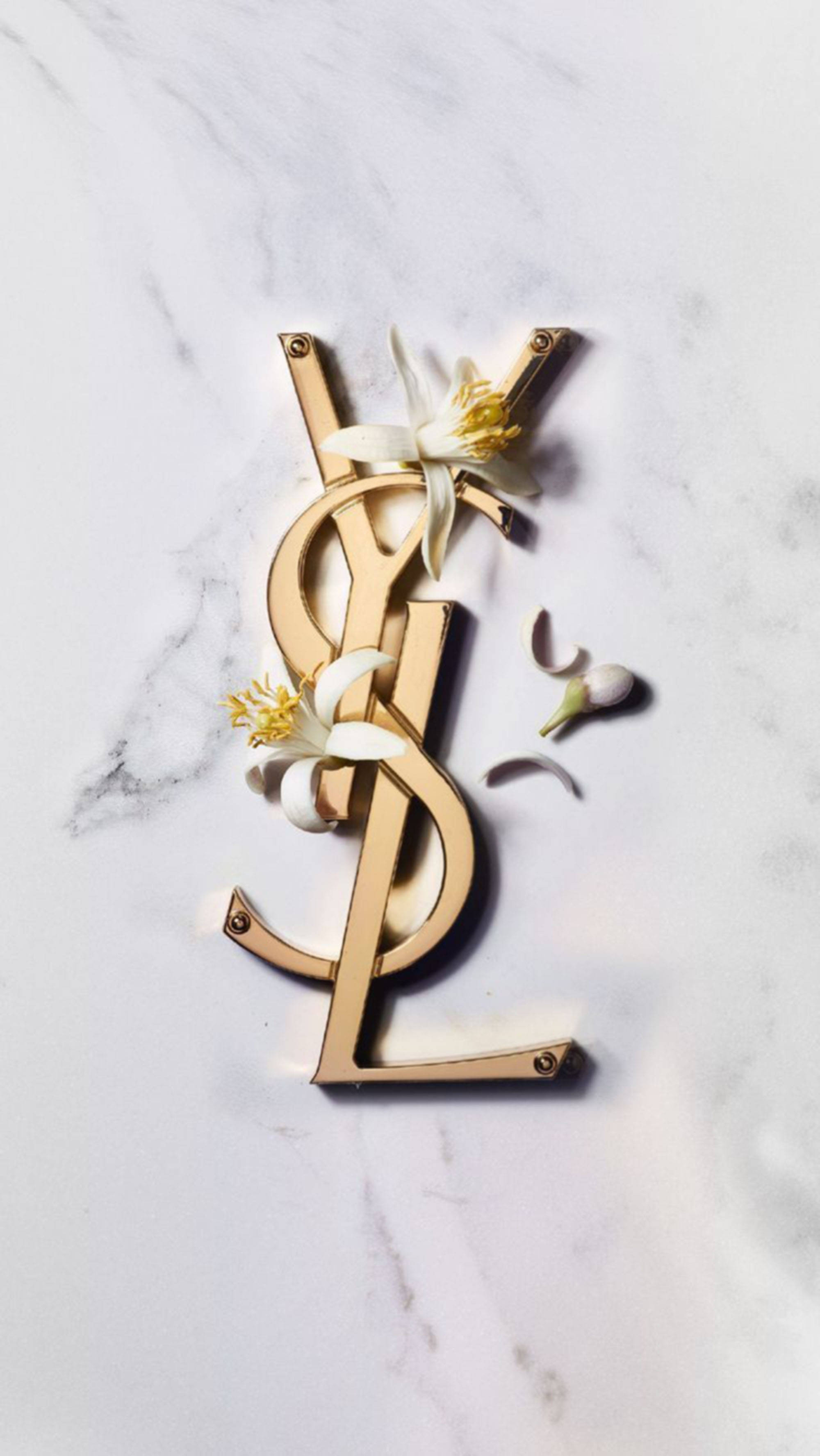 YSL, golden YSL logo, white marble, 2K Phone Wallpaper